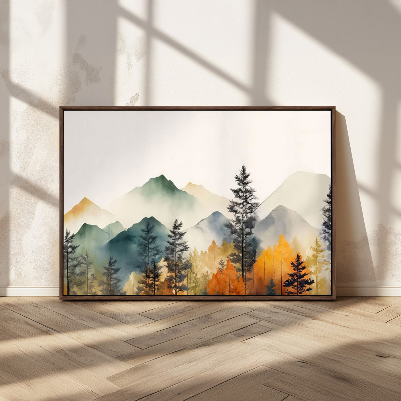 Abstract Watercolor Mountains and Trees Autumn Wall Art,