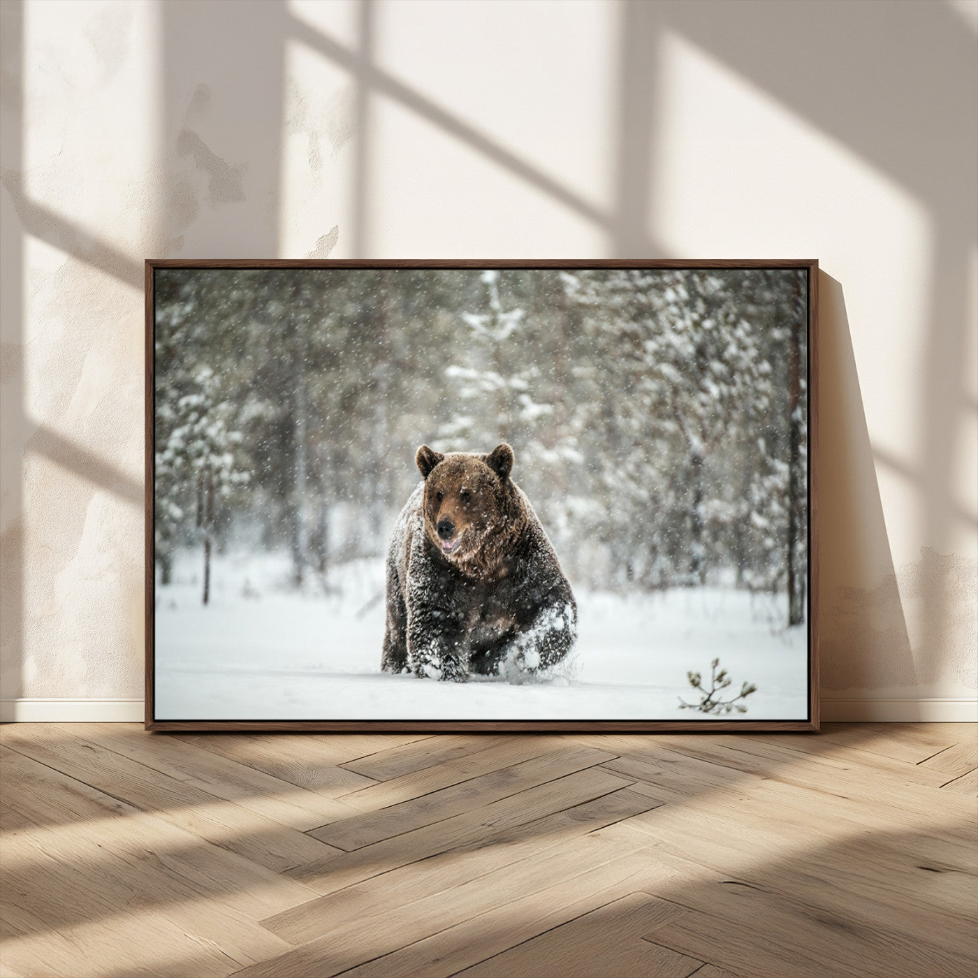 Grizzly Bear Wall Art – Framed Snowy Forest Canvas Artwork,