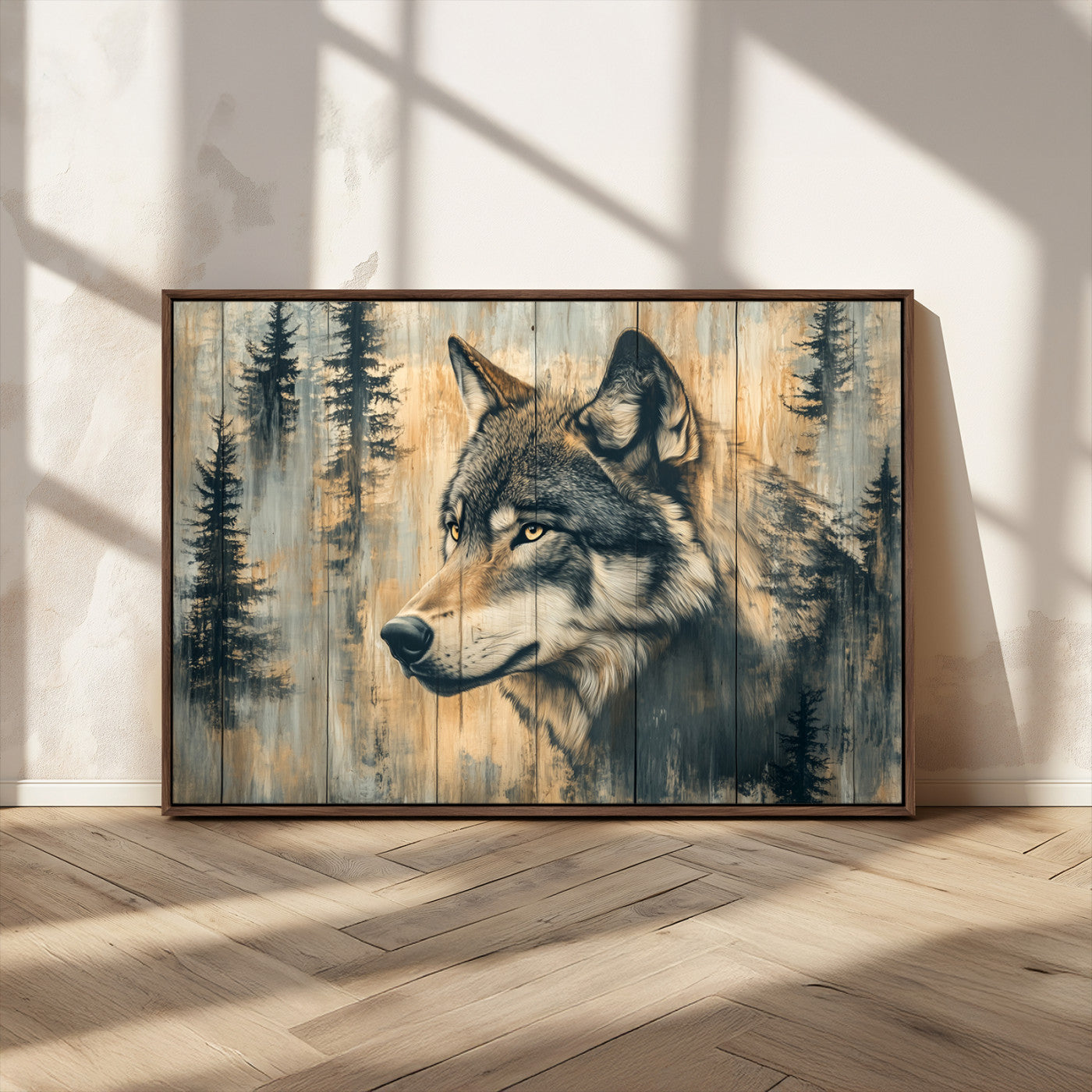 Wood Style Rustic Wolf Wall Art Canvas Print, Vintage