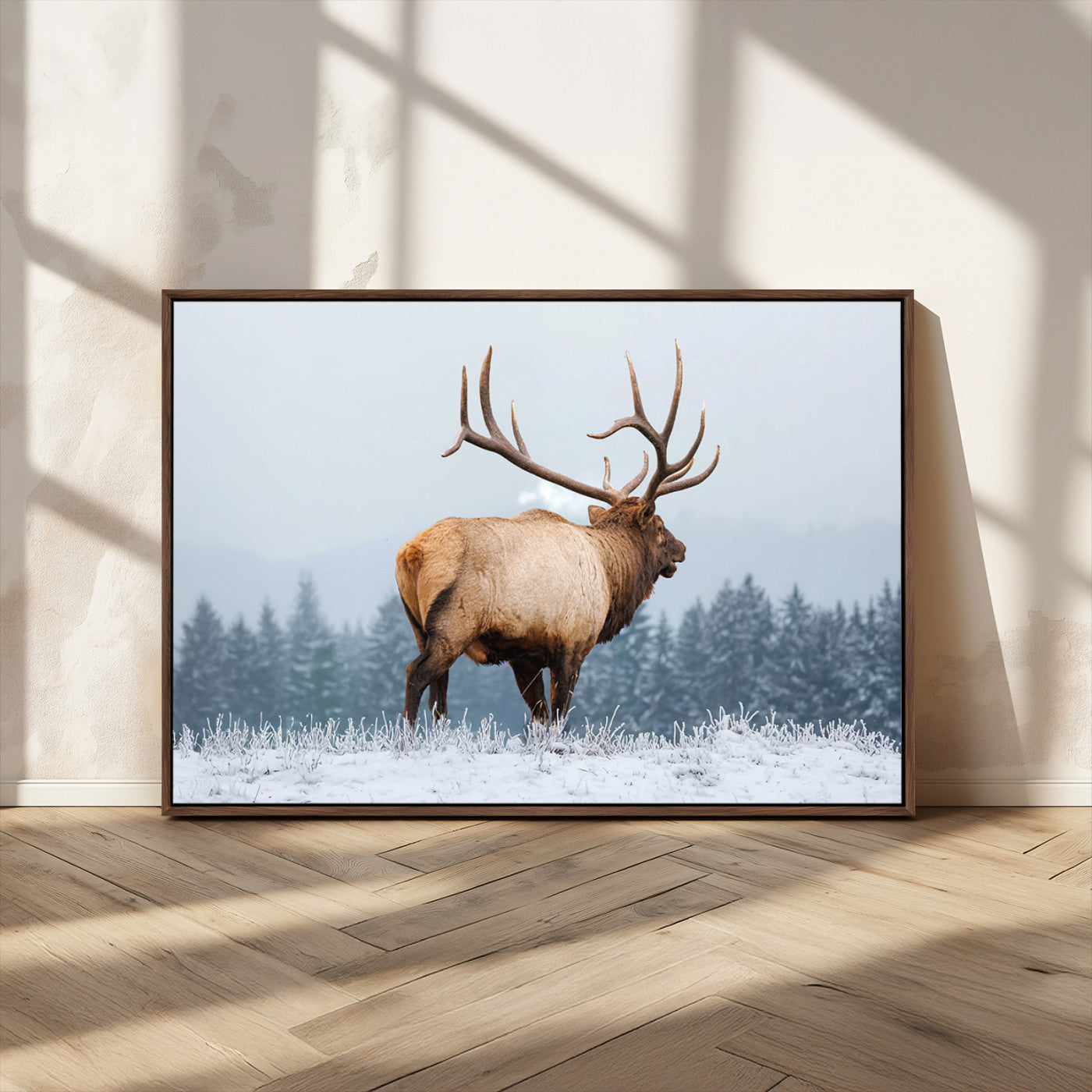 Majestic Elk Snowy Forest Wall Art Canvas Print – Winter