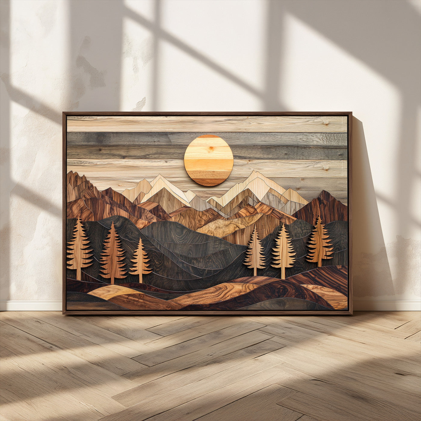 Wooden Mountain Layers Art – Rustic Pine Tree Landscape