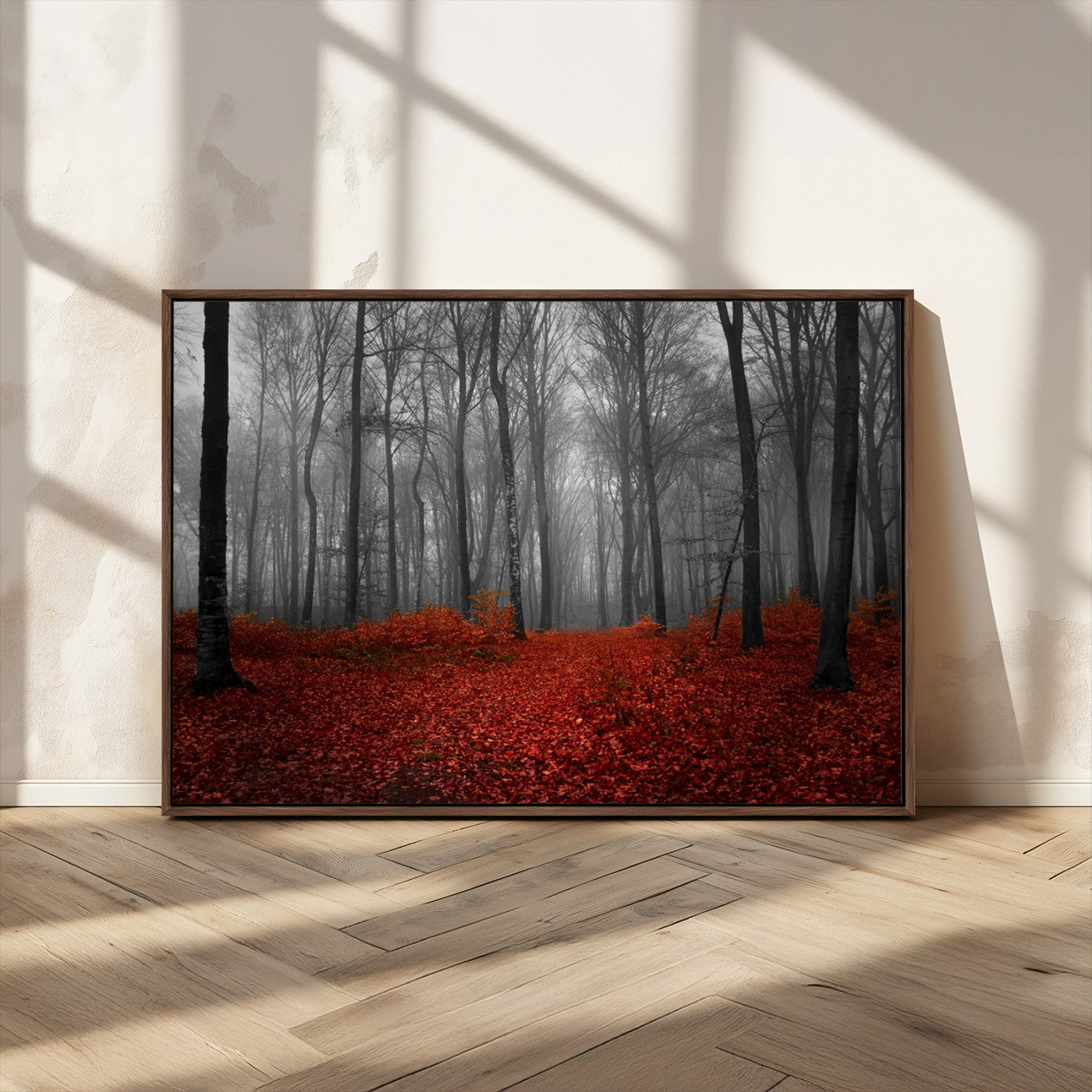 Red Forest Floor Canvas Wall Art – Mystical Foggy Woodland