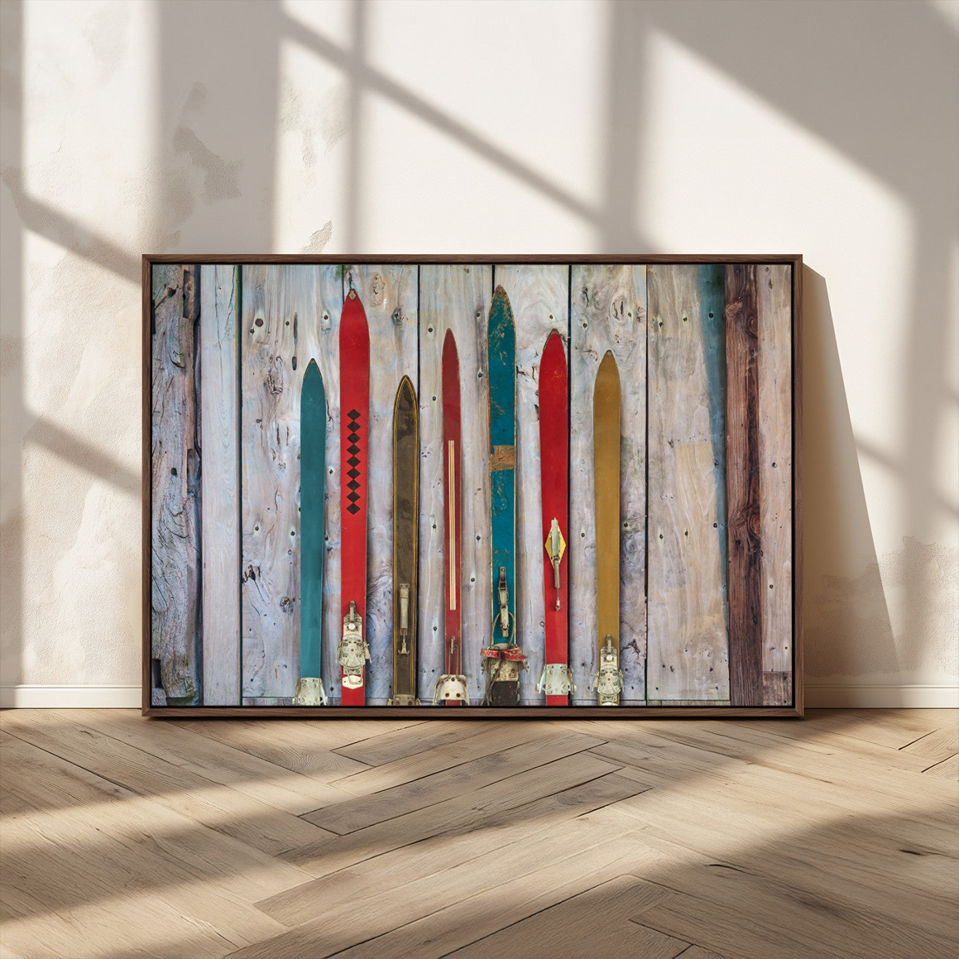 Vintage Wooden Weathered Ski's in Front of an Old Barn Wall