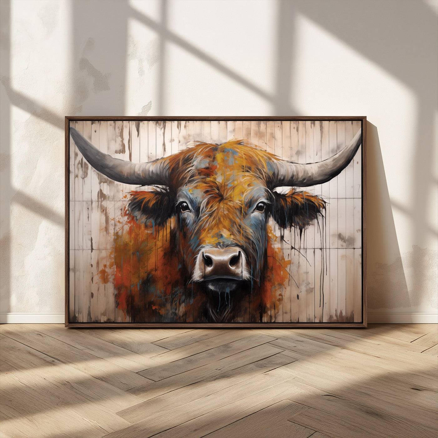 Scottish Highland Cow Cattle Art Print on Wood Style