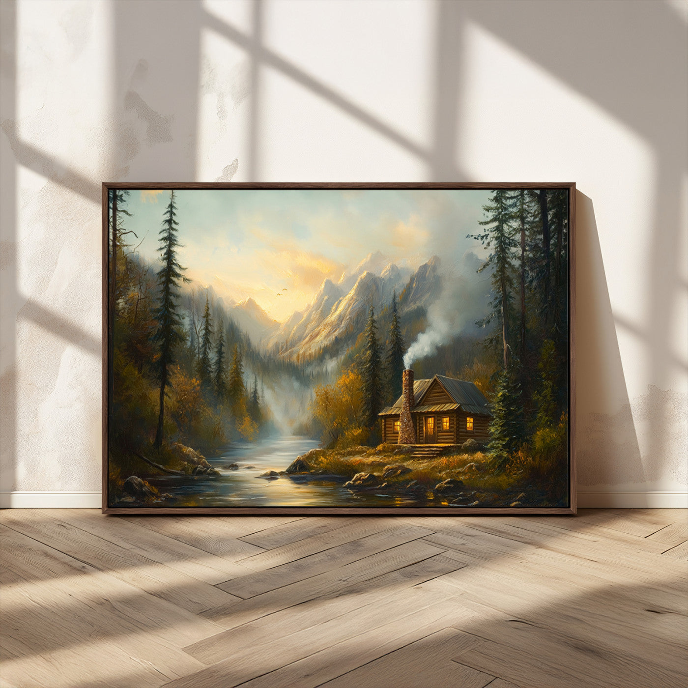 Wood Cabin Retreat Mountain at Sunset Wall Art Print -
