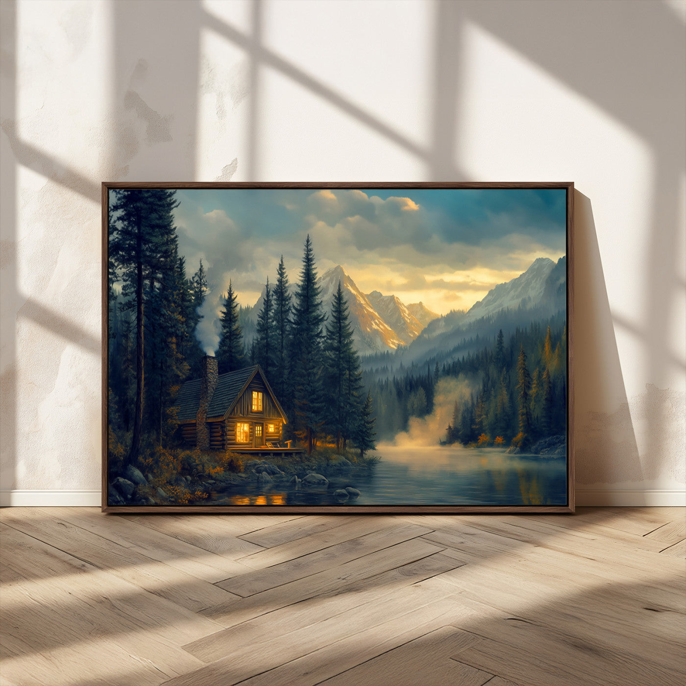 Mountain Cabin by the Lake at Sunset Wall Art - Serene