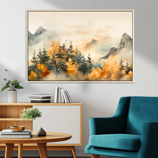 Abstract Watercolor Mountains and Trees Autumn Art,