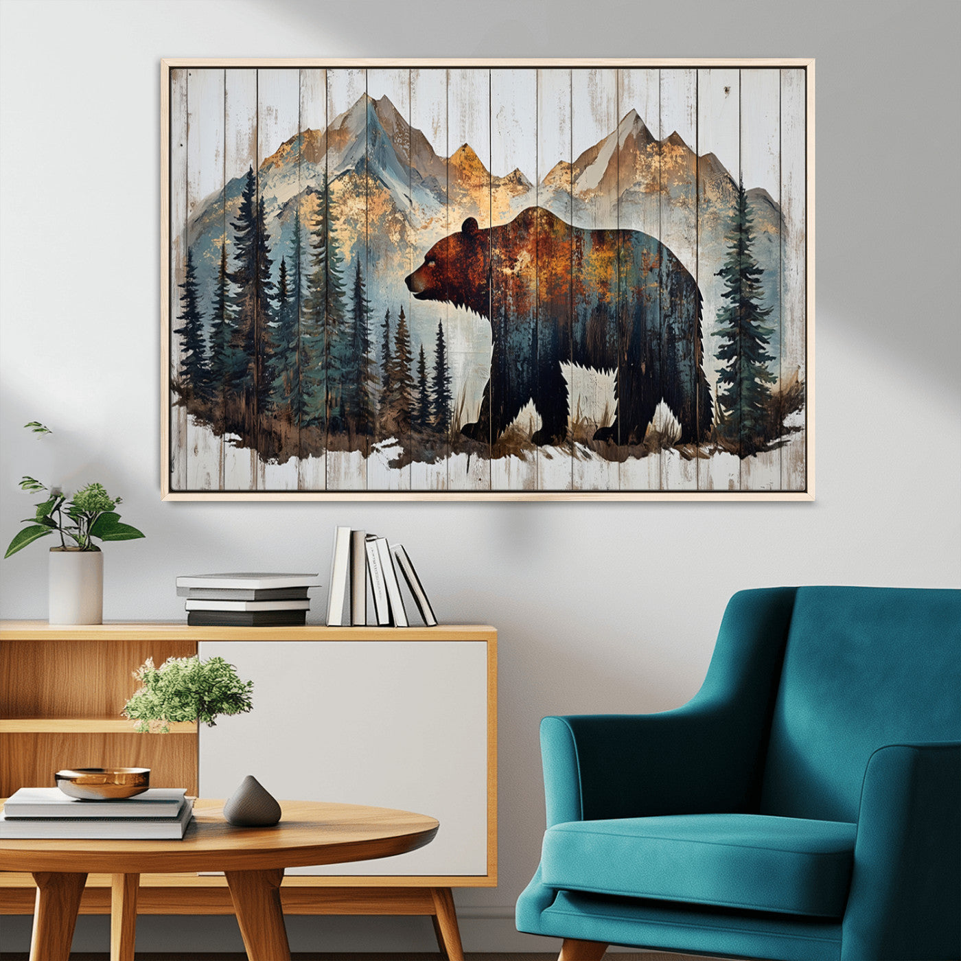 Rustic Grizzly 399 Bear and Mountain Wood Canvas Wall Art -