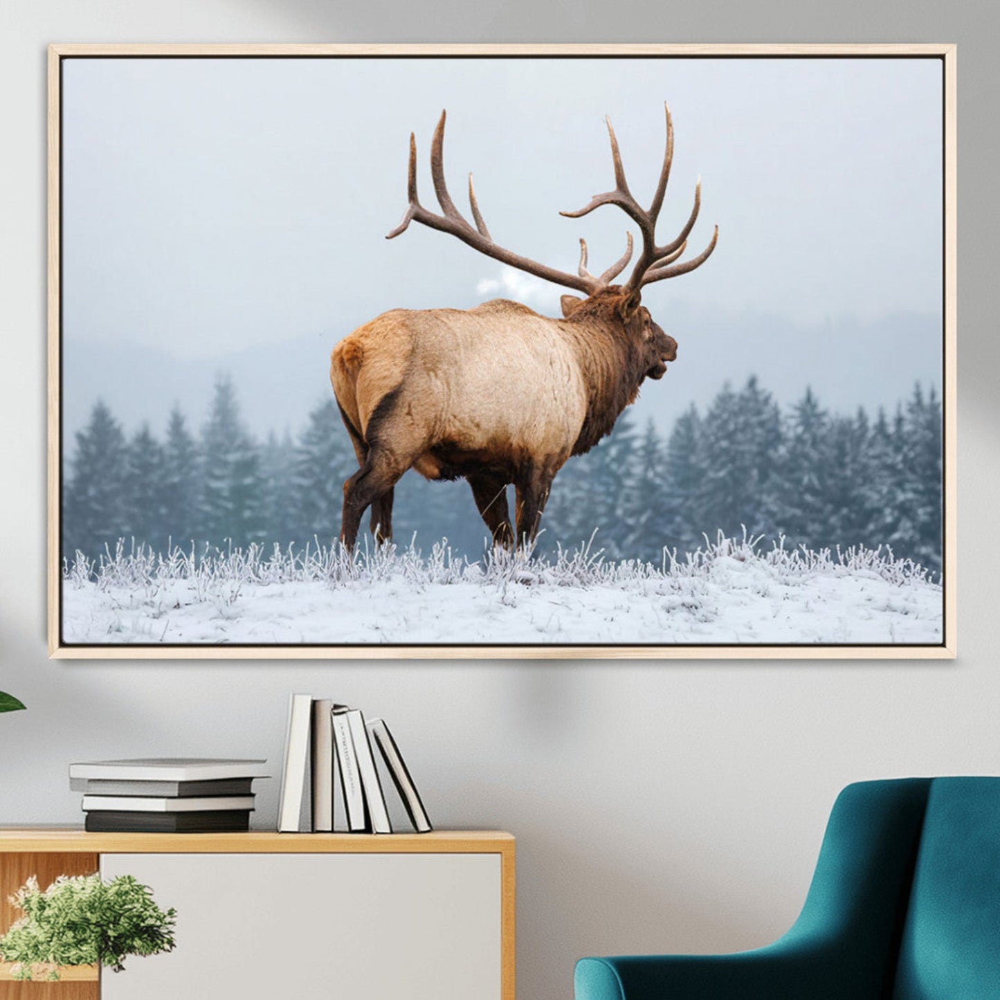 Majestic Elk Snowy Forest Wall Art Canvas Print – Winter