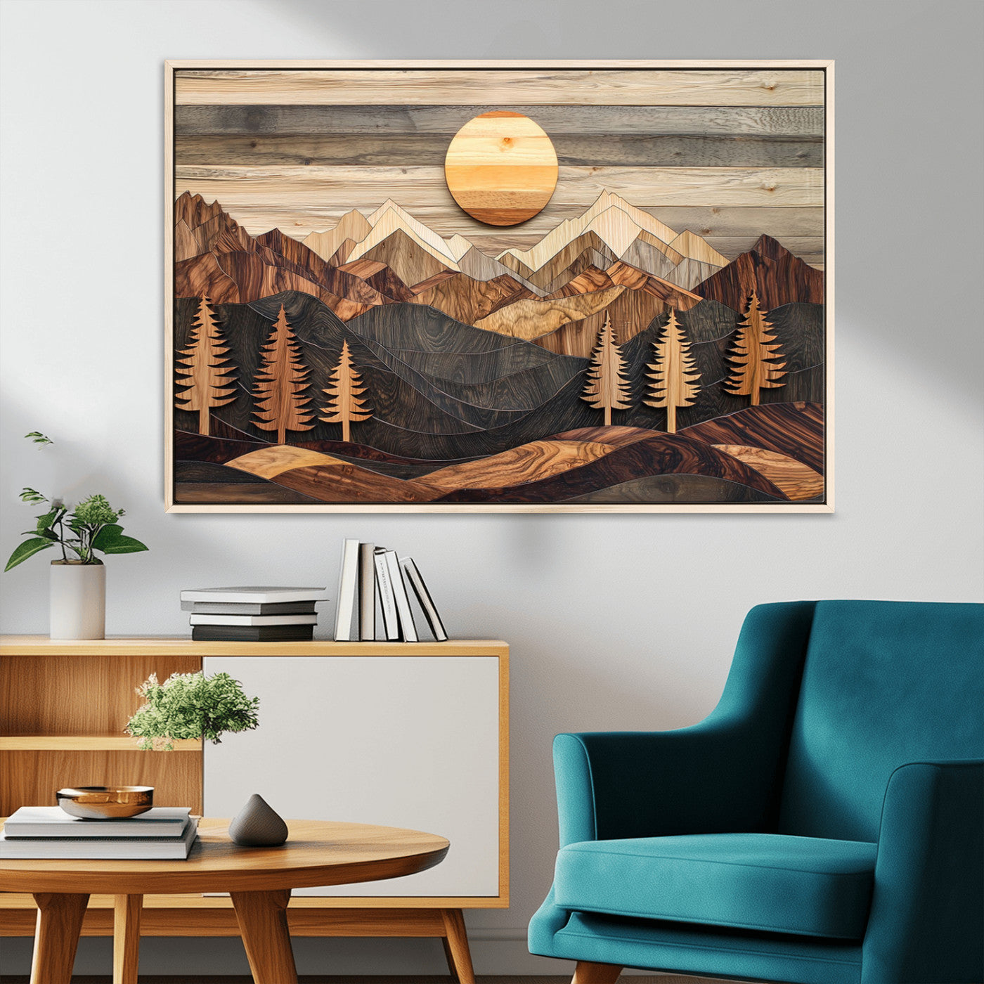 Wooden Mountain Layers Art – Rustic Pine Tree Landscape