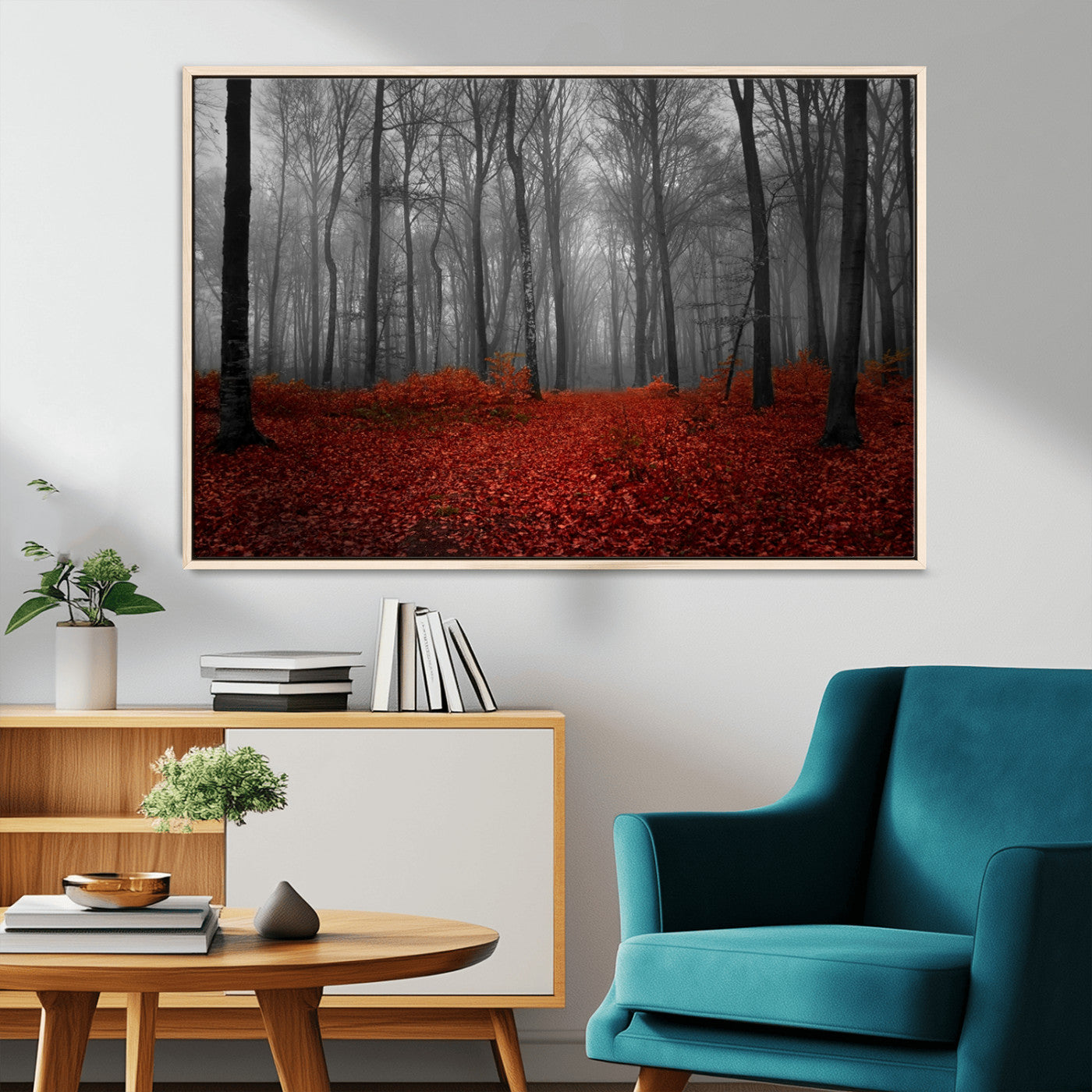 Red Forest Floor Canvas Wall Art – Mystical Foggy Woodland