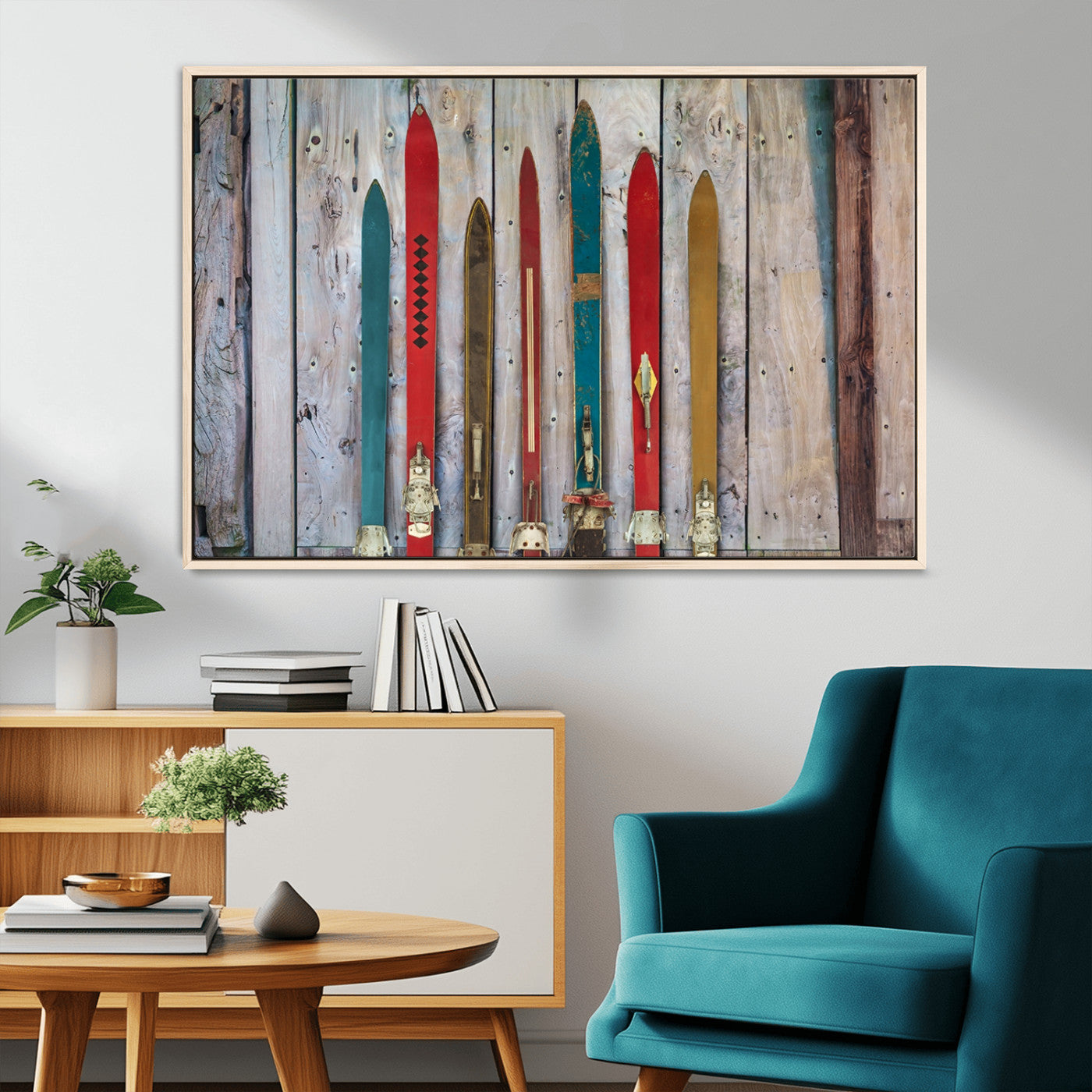 Vintage Wooden Weathered Ski's in Front of an Old Barn Wall