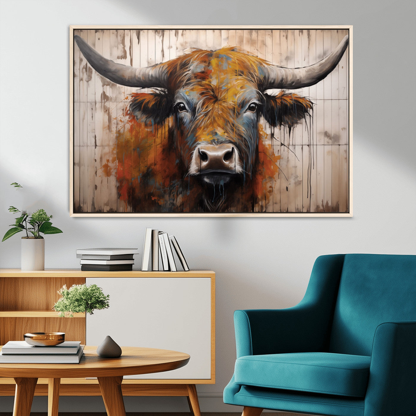 Scottish Highland Cow Cattle Art Print on Wood Style