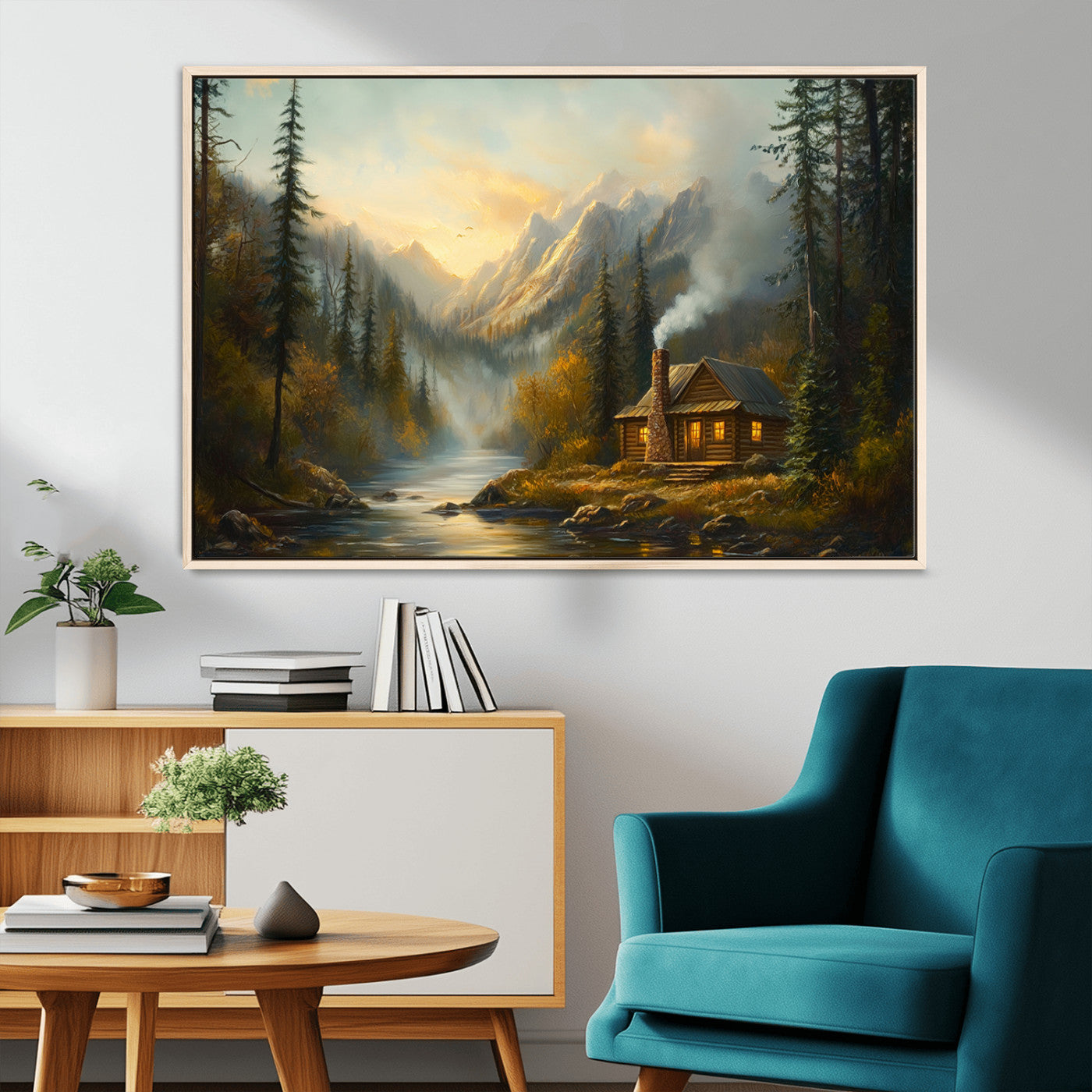 Wood Cabin Retreat Mountain at Sunset Wall Art Print -