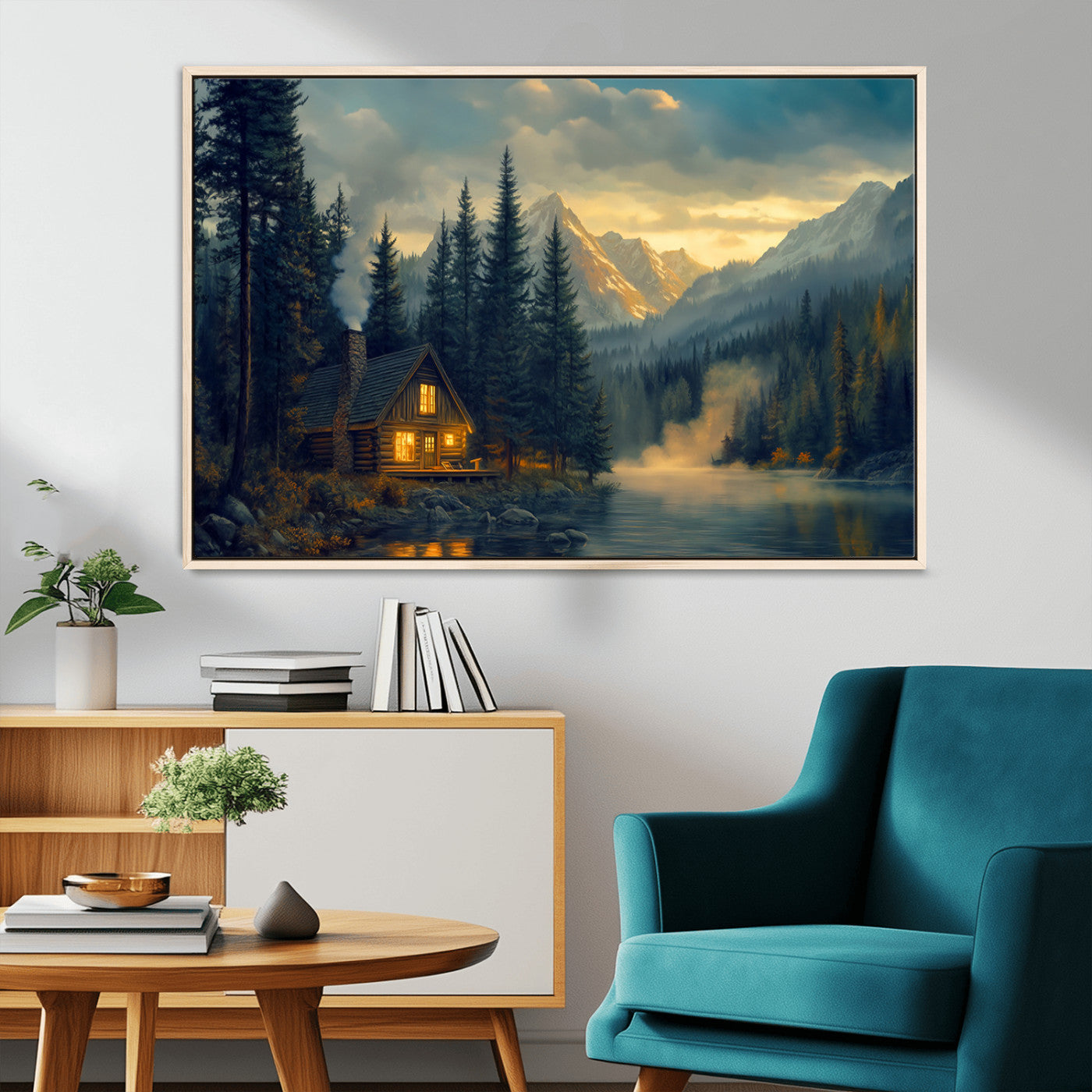 Mountain Cabin by the Lake at Sunset Wall Art - Serene