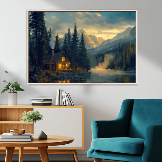 Mountain Cabin by the Lake at Sunset Wall Art - Serene