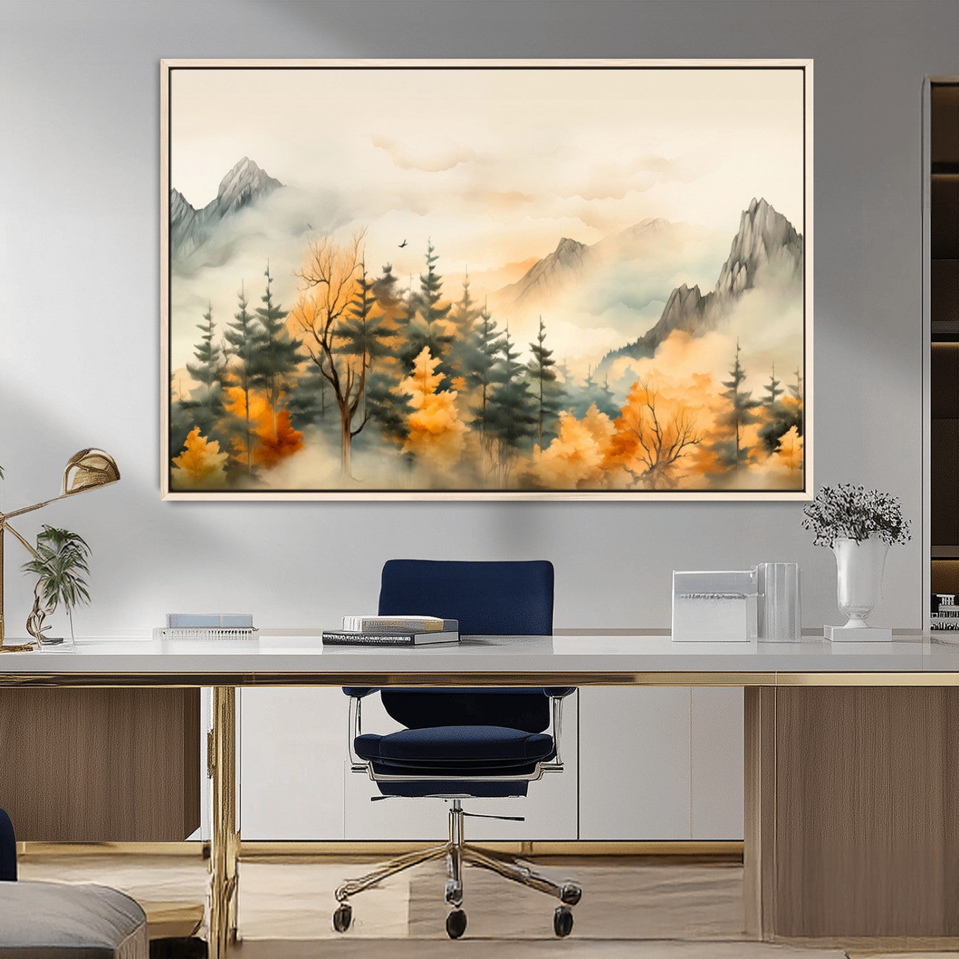 Abstract Watercolor Mountains and Trees Autumn Art,
