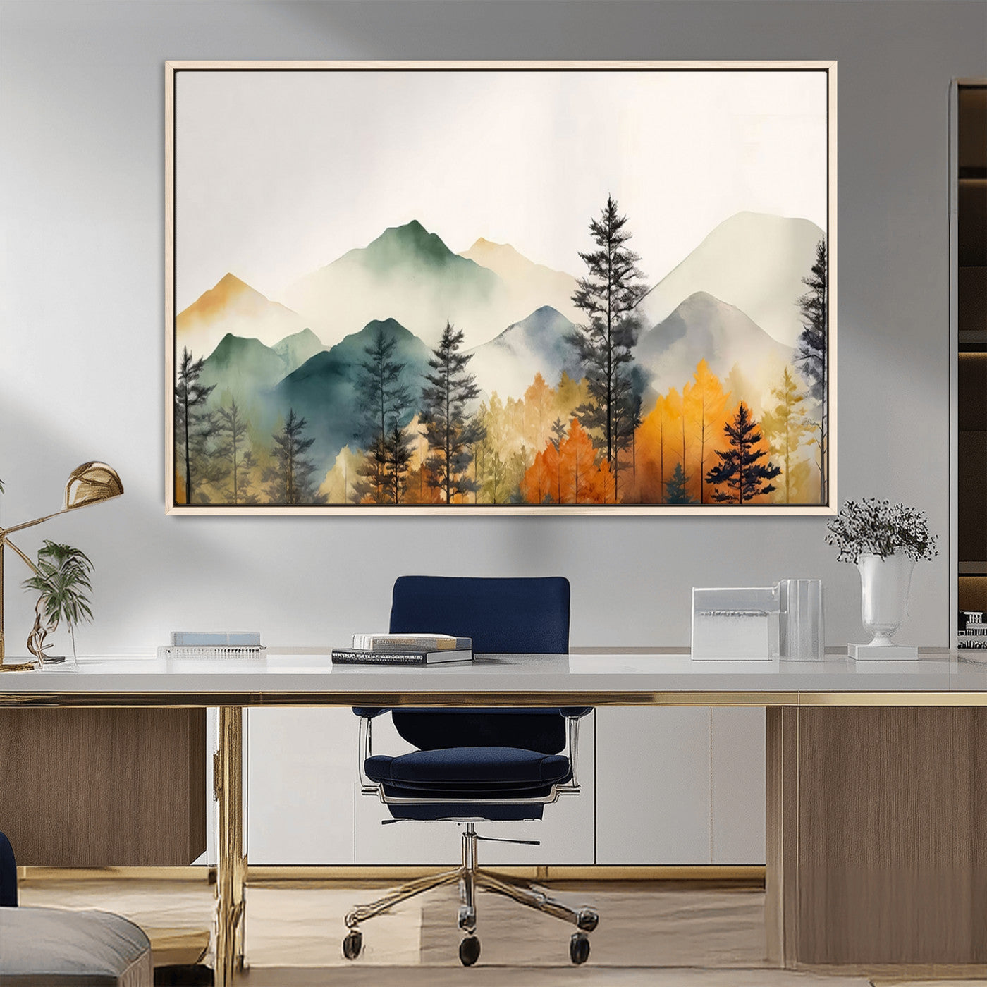 Abstract Watercolor Mountains and Trees Autumn Wall Art,