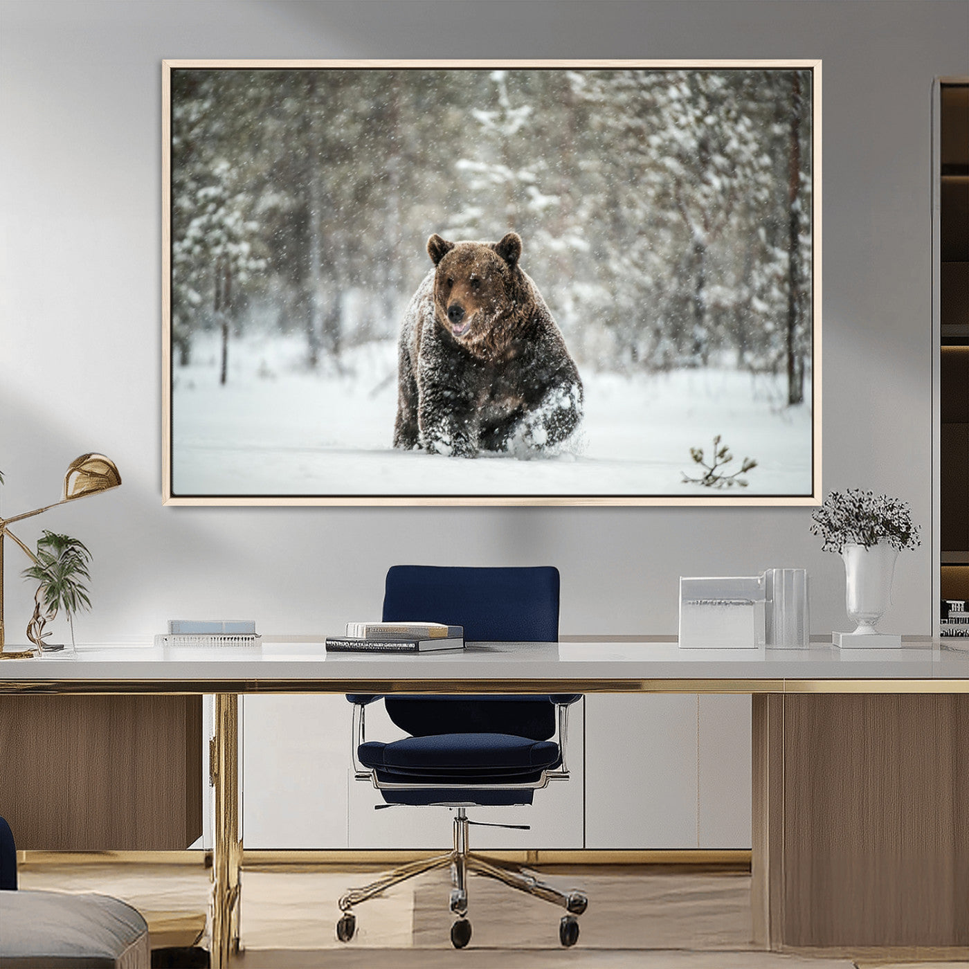 Grizzly Bear Wall Art – Framed Snowy Forest Canvas Artwork,