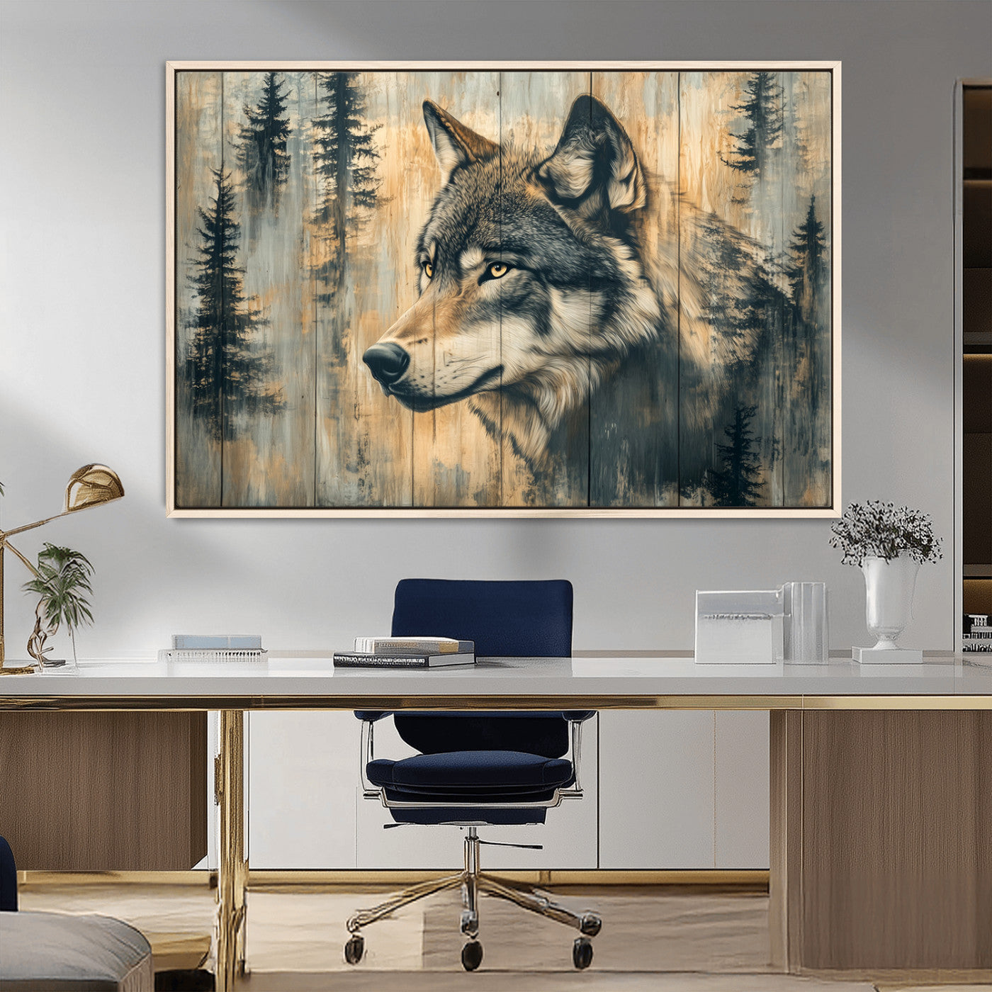 Wood Style Rustic Wolf Wall Art Canvas Print, Vintage