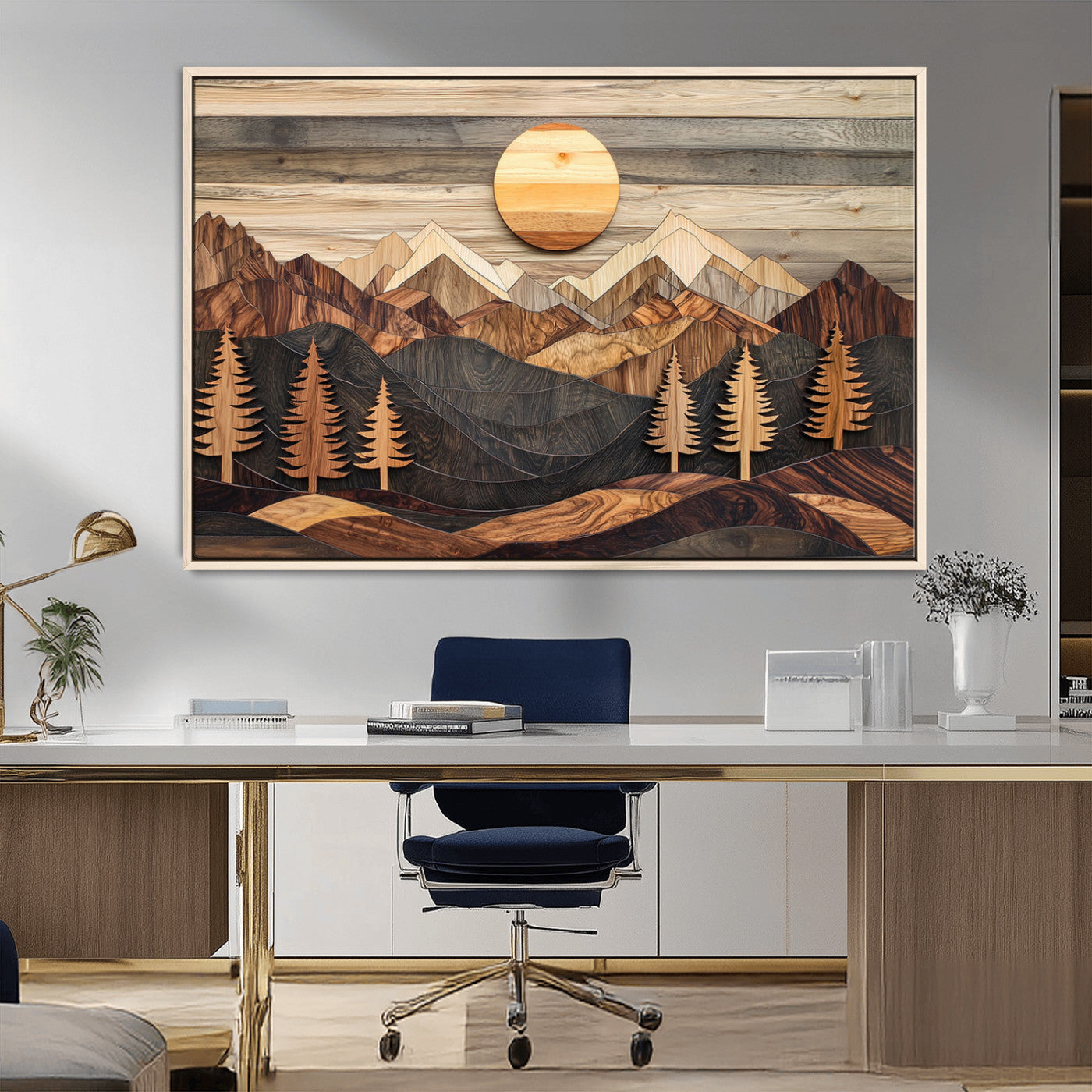 Wooden Mountain Layers Art – Rustic Pine Tree Landscape