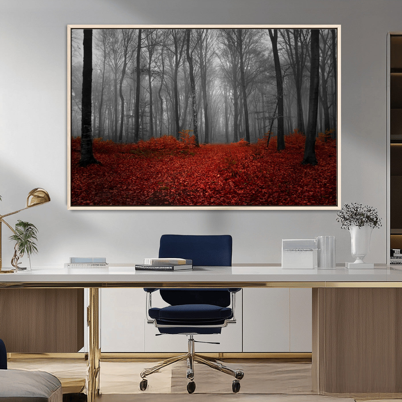 Red Forest Floor Canvas Wall Art – Mystical Foggy Woodland
