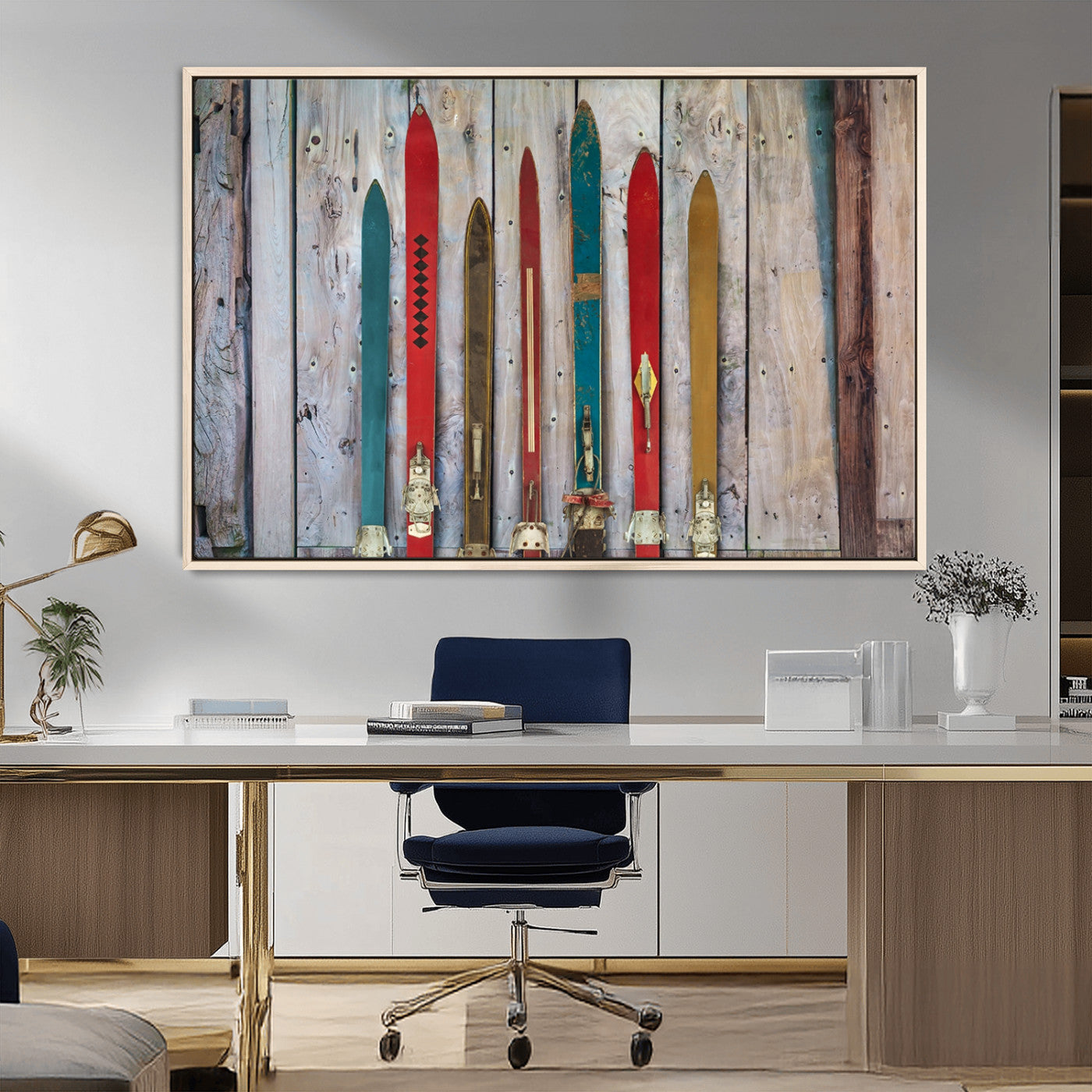 Vintage Wooden Weathered Ski's in Front of an Old Barn Wall