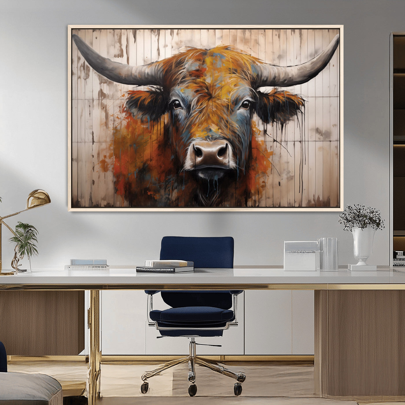 Scottish Highland Cow Cattle Art Print on Wood Style
