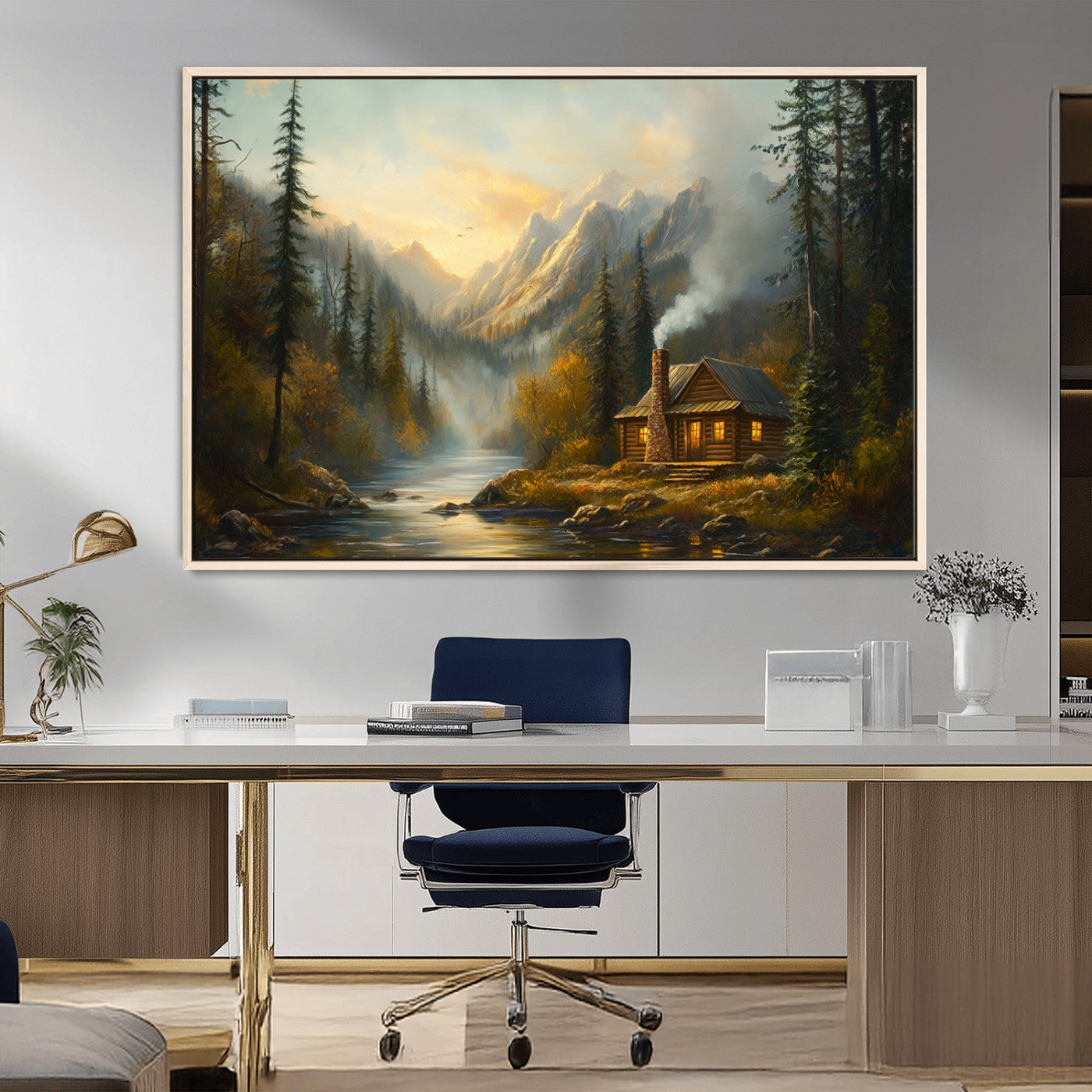 Wood Cabin Retreat Mountain at Sunset Wall Art Print -