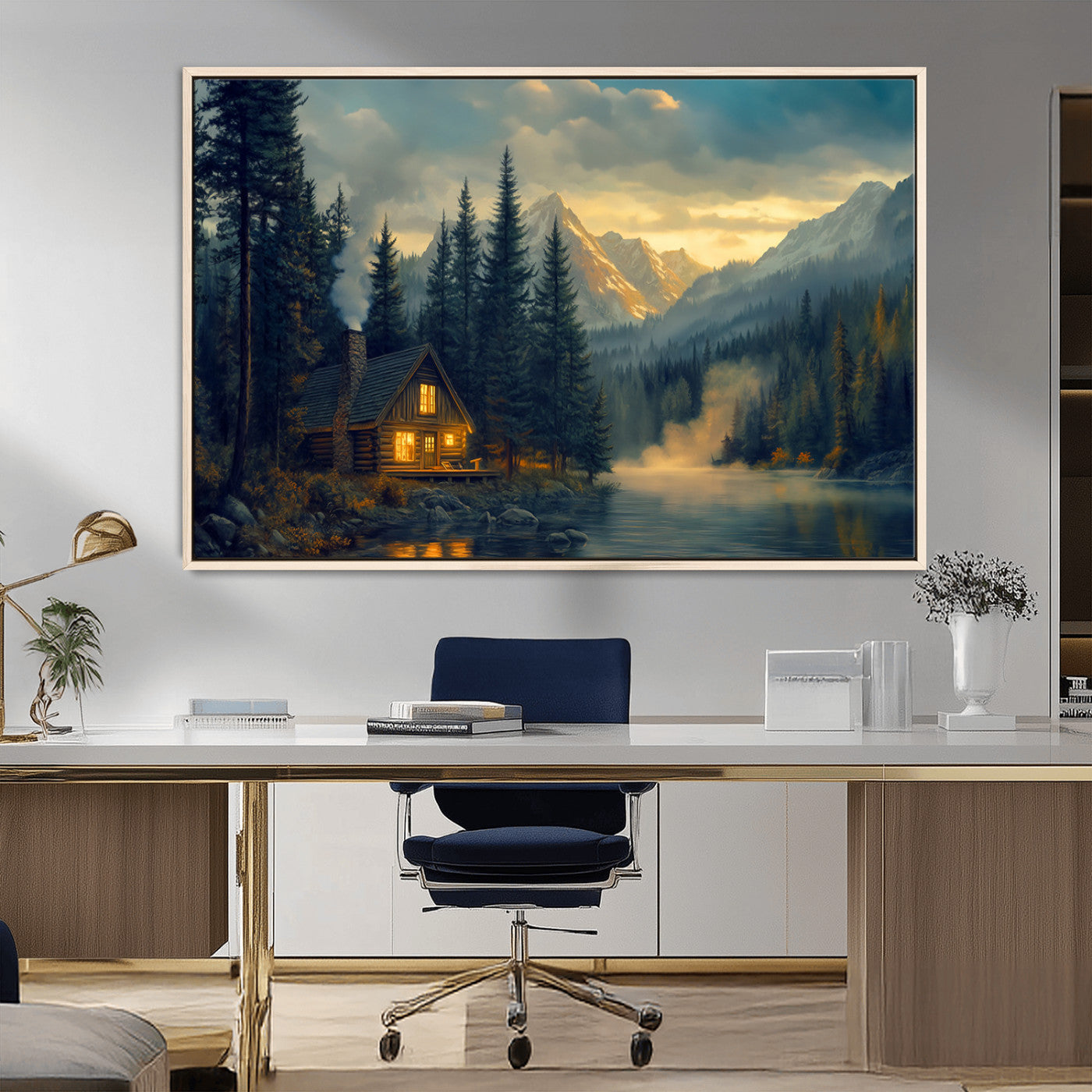 Mountain Cabin by the Lake at Sunset Wall Art - Serene