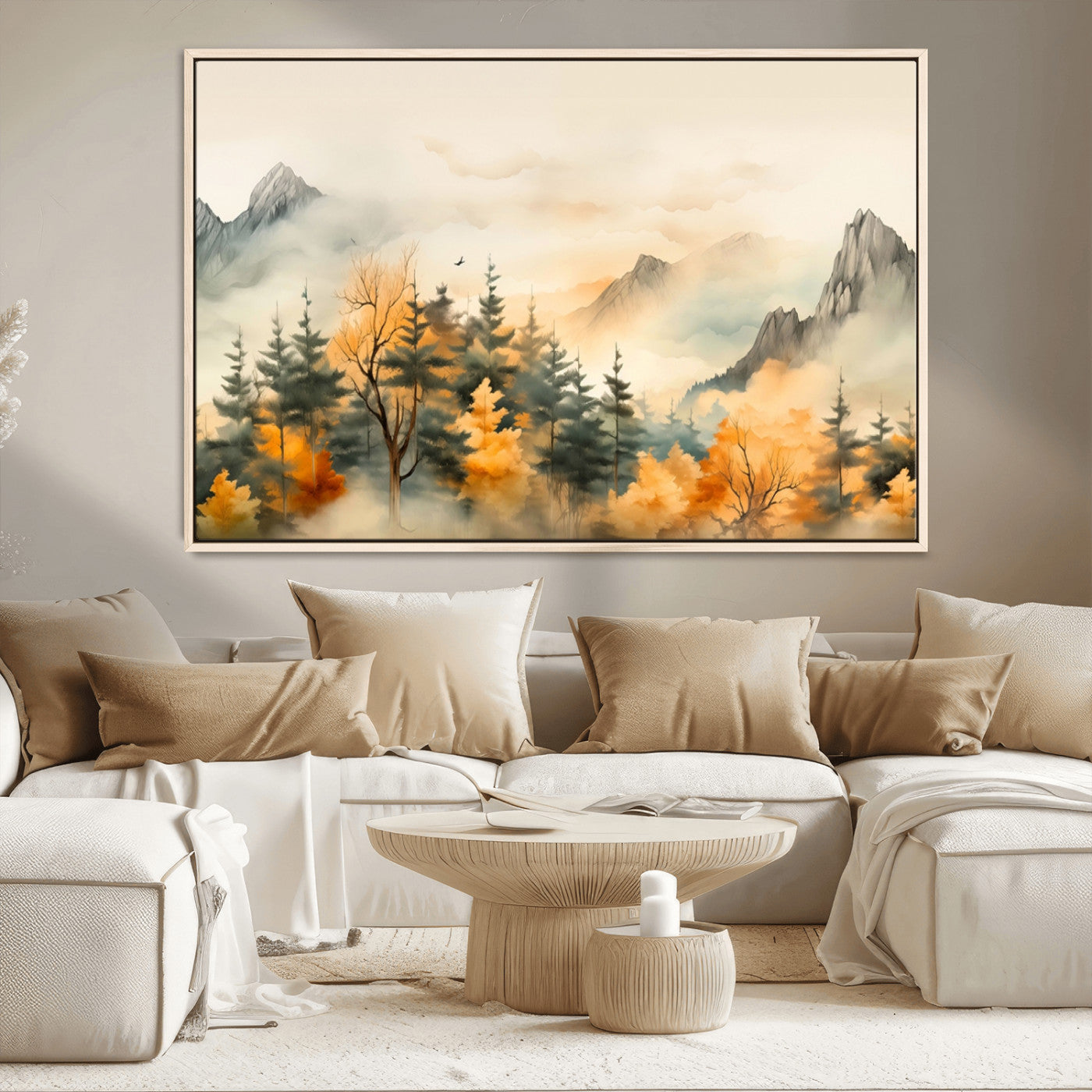 Abstract Watercolor Mountains and Trees Autumn Art,