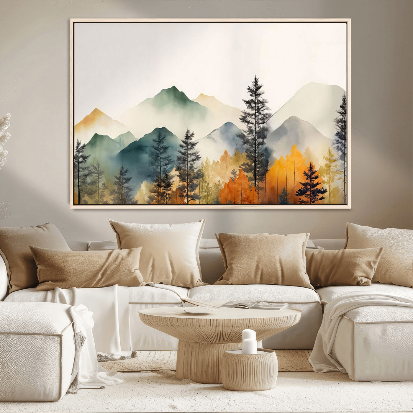 Abstract Watercolor Mountains and Trees Autumn Wall Art,