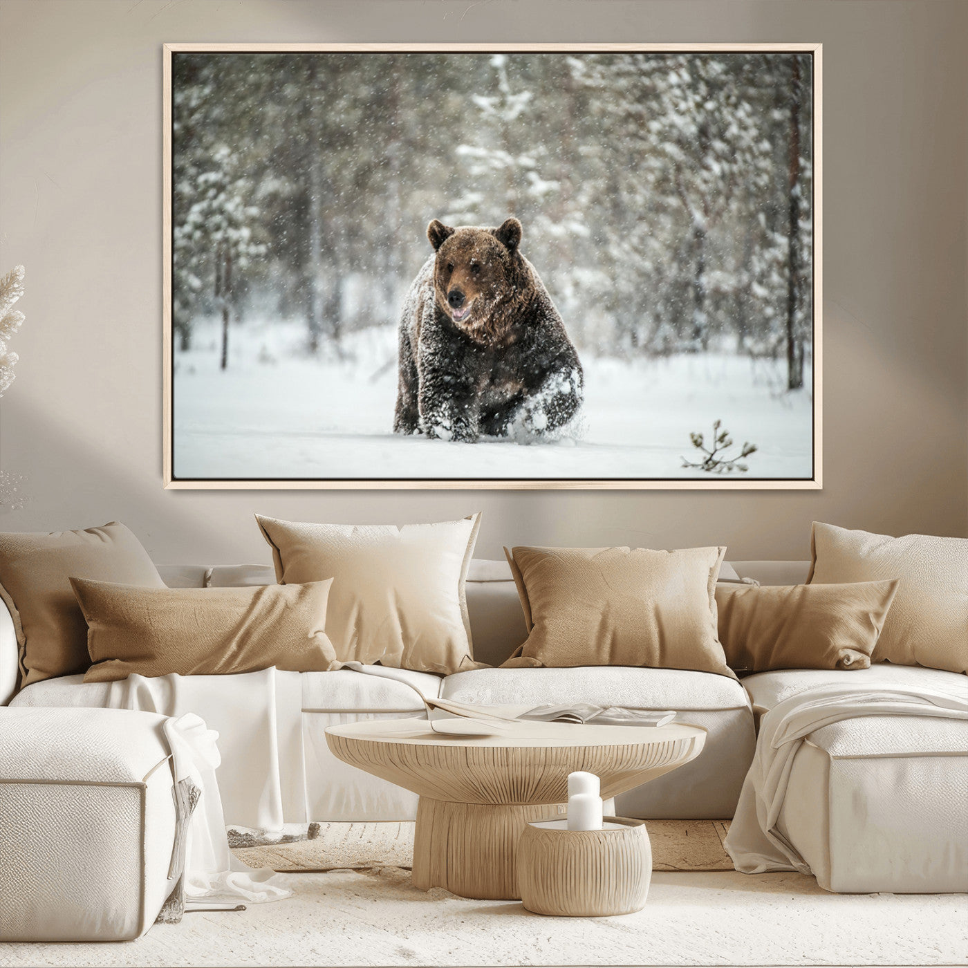 Grizzly Bear Wall Art – Framed Snowy Forest Canvas Artwork,