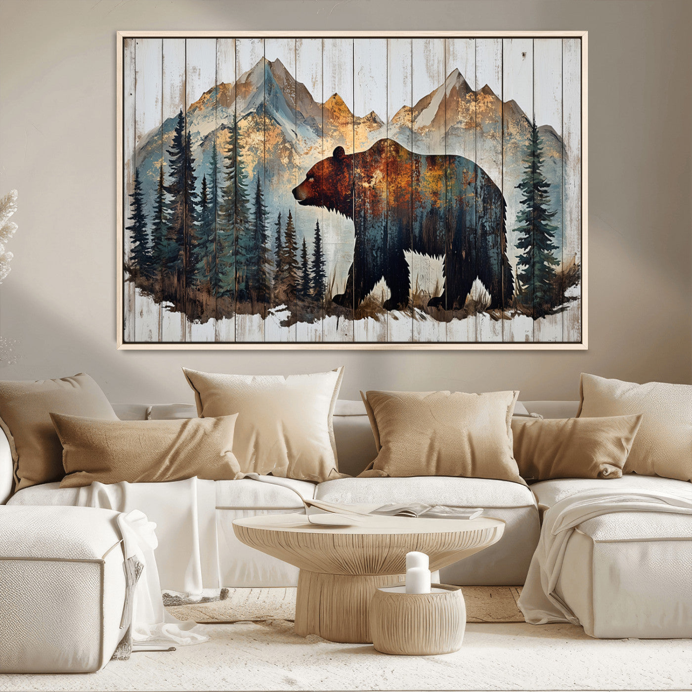 Rustic Grizzly 399 Bear and Mountain Wood Canvas Wall Art -