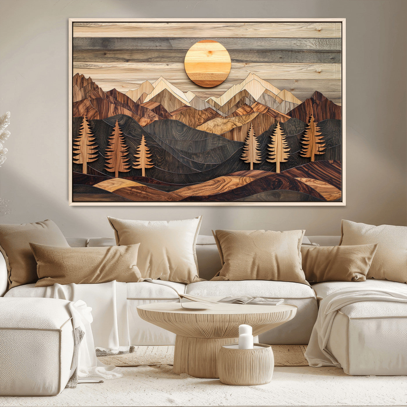 Wooden Mountain Layers Art – Rustic Pine Tree Landscape