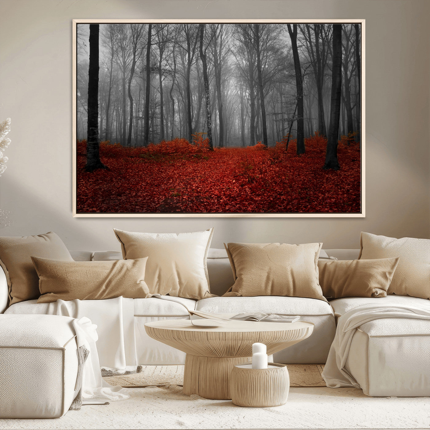 Red Forest Floor Canvas Wall Art – Mystical Foggy Woodland