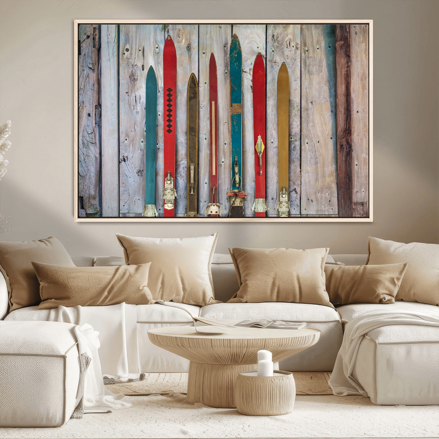 Vintage Wooden Weathered Ski's in Front of an Old Barn Wall