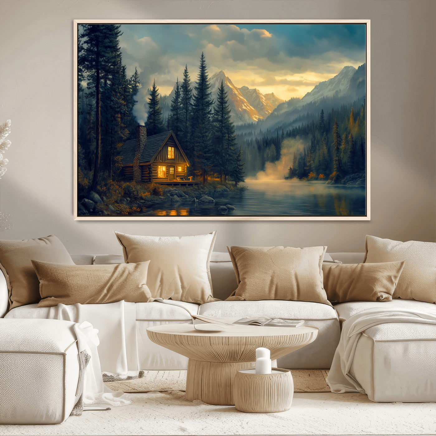 Mountain Cabin by the Lake at Sunset Wall Art - Serene