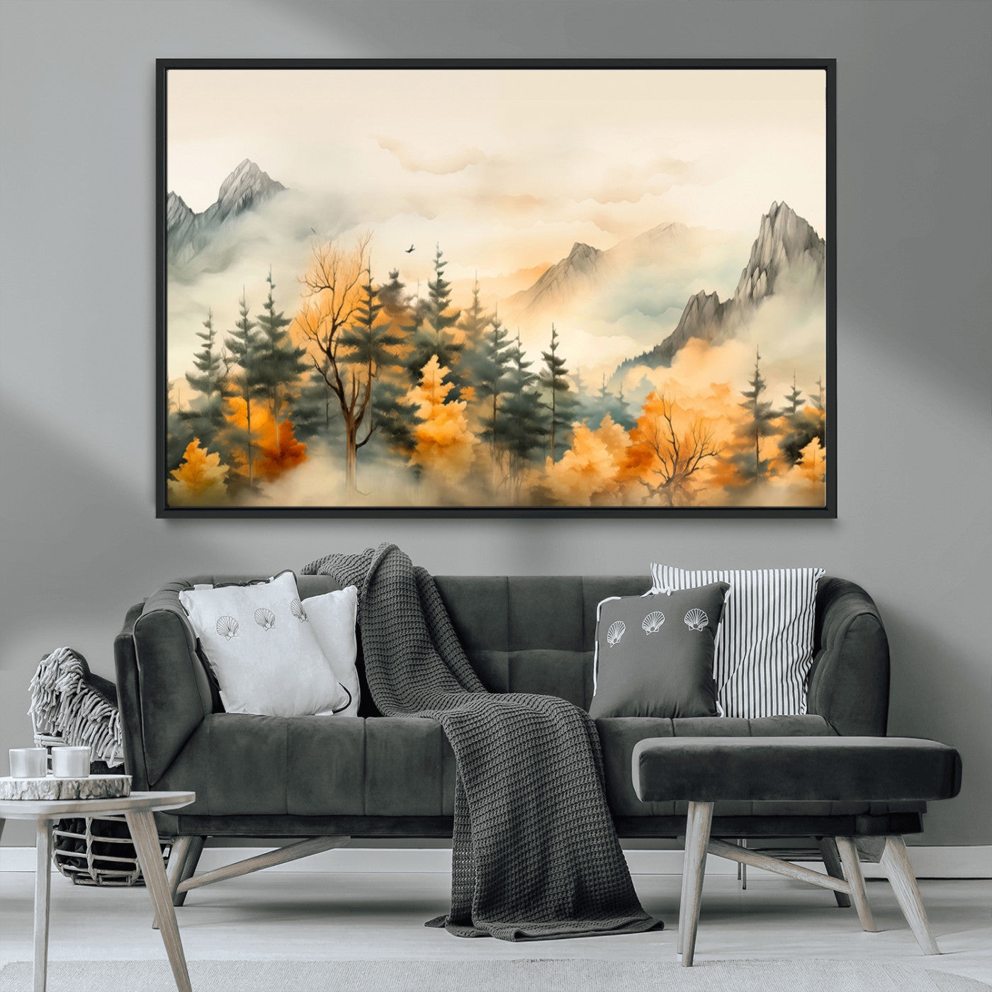 Abstract Watercolor Mountains and Trees Autumn Art,