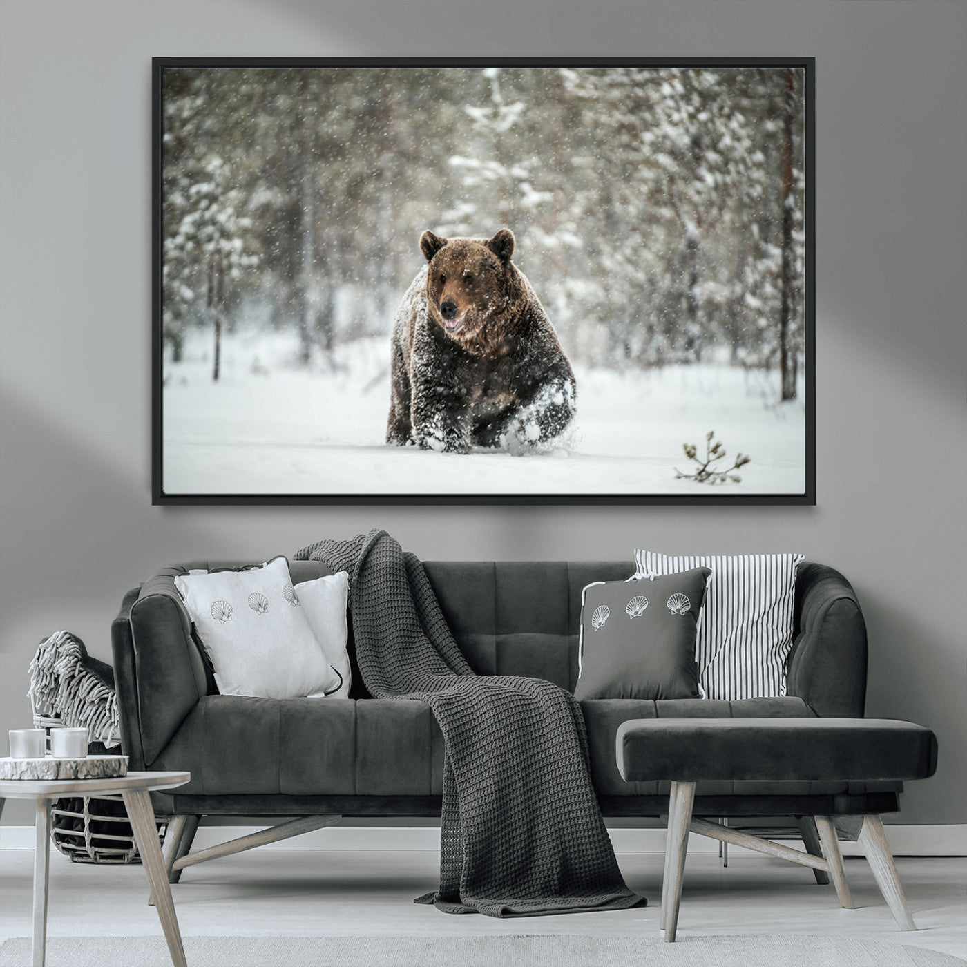 Grizzly Bear Wall Art – Framed Snowy Forest Canvas Artwork,