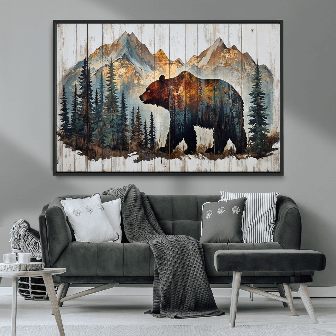 Rustic Grizzly 399 Bear and Mountain Wood Canvas Wall Art -