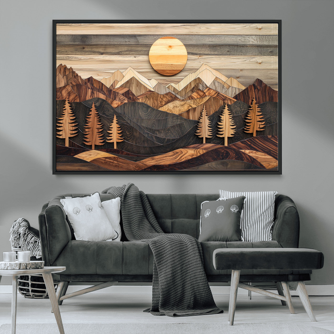 Wooden Mountain Layers Art – Rustic Pine Tree Landscape