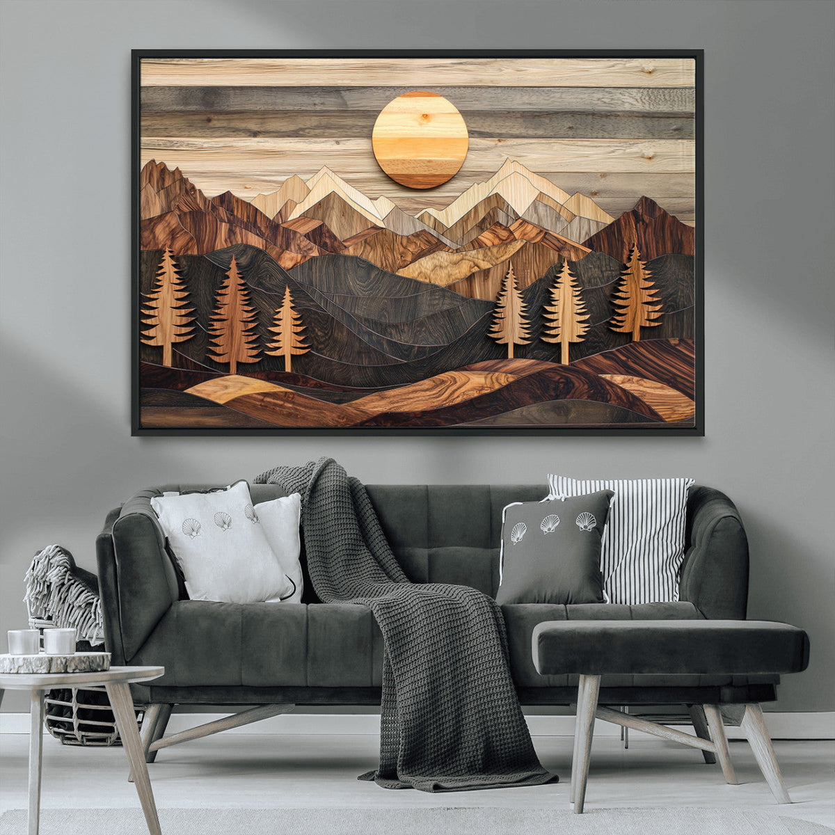 Wooden Mountain Layers Art – Rustic Pine Tree Landscape