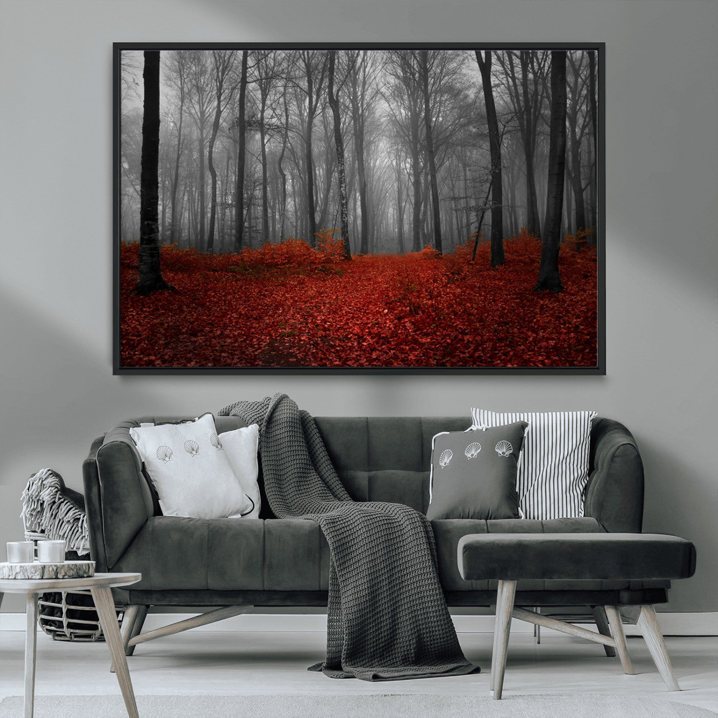 Red Forest Floor Canvas Wall Art – Mystical Foggy Woodland