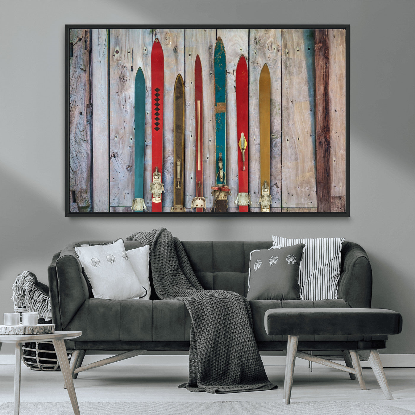 Vintage Wooden Weathered Ski's in Front of an Old Barn Wall