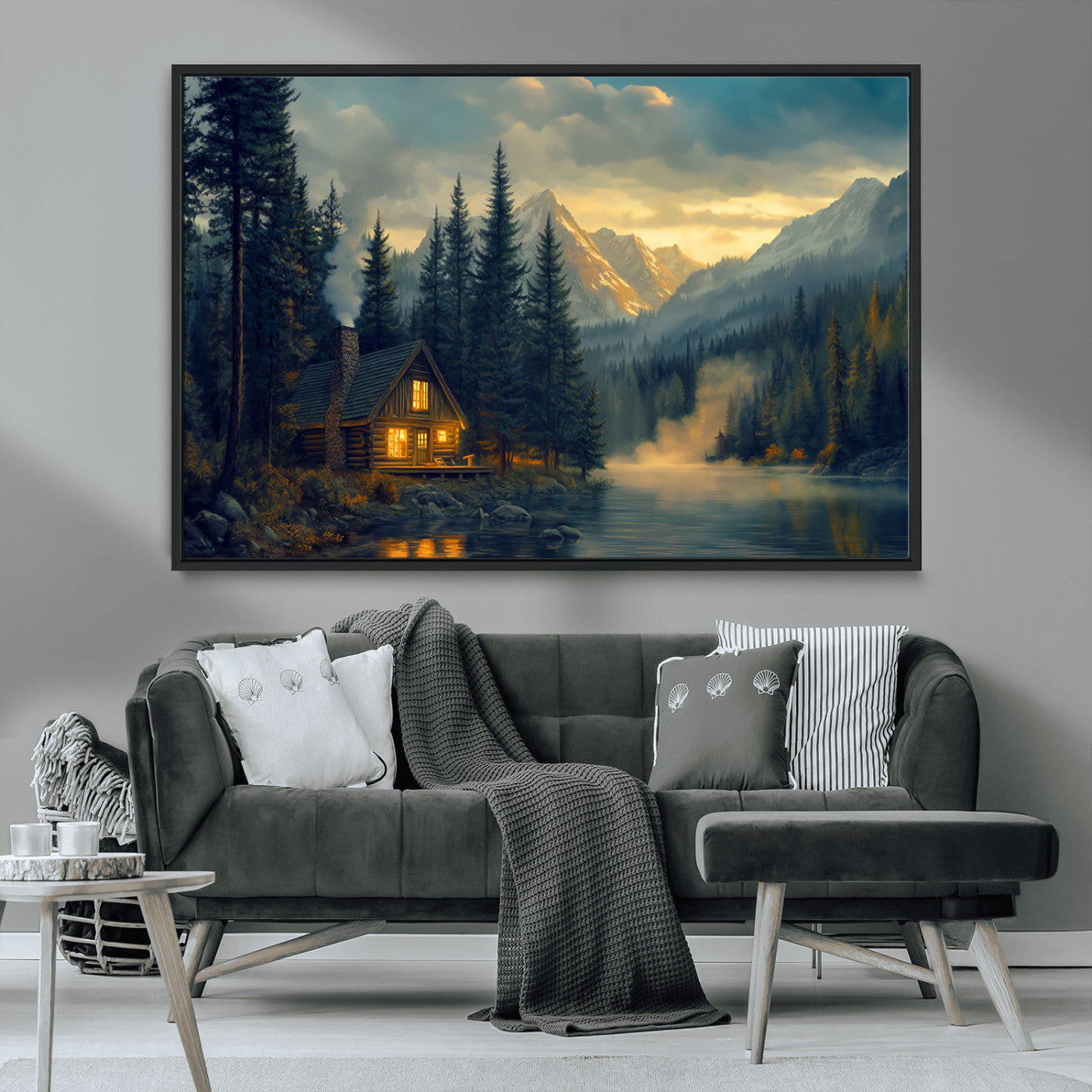 Mountain Cabin by the Lake at Sunset Wall Art - Serene