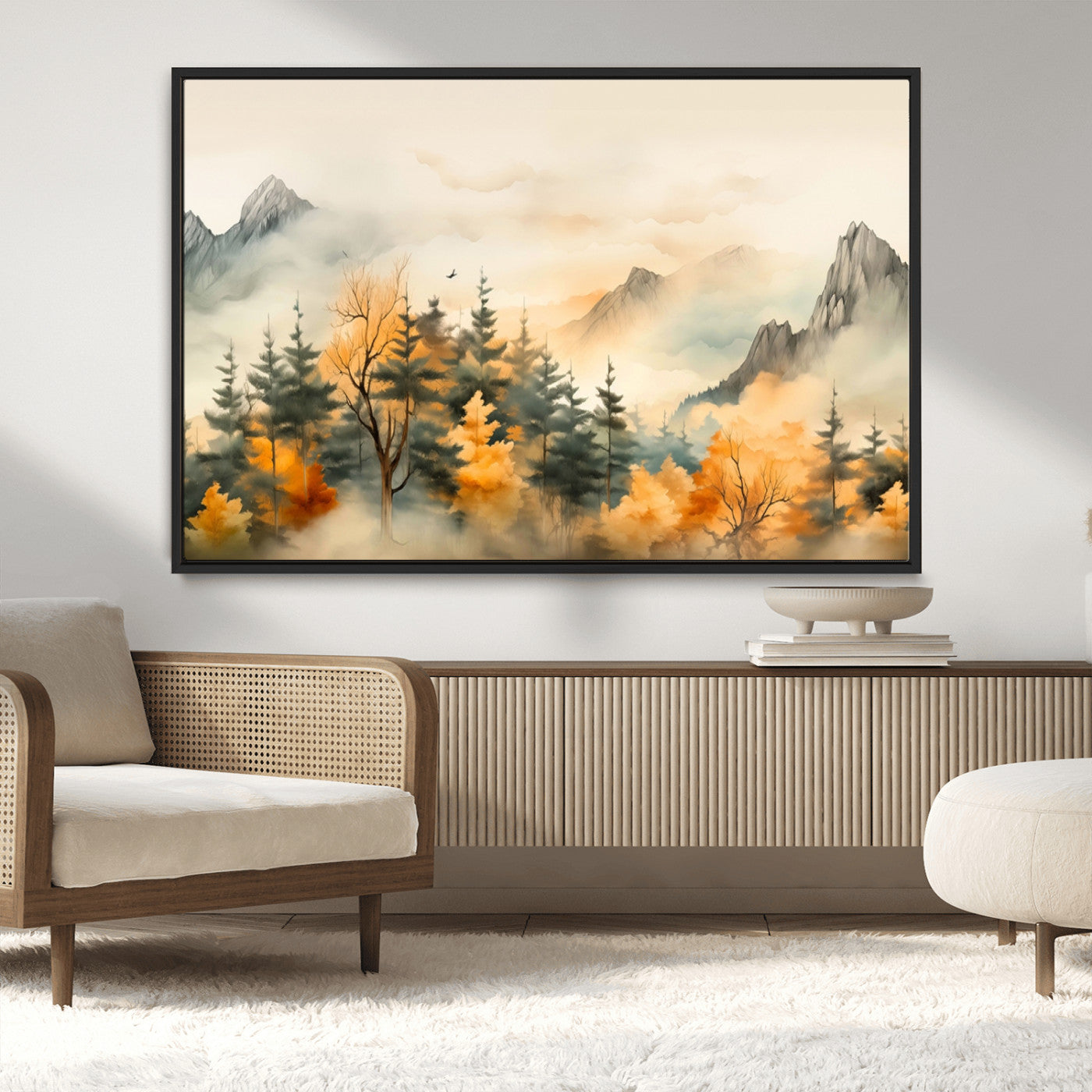 Abstract Watercolor Mountains and Trees Autumn Art,