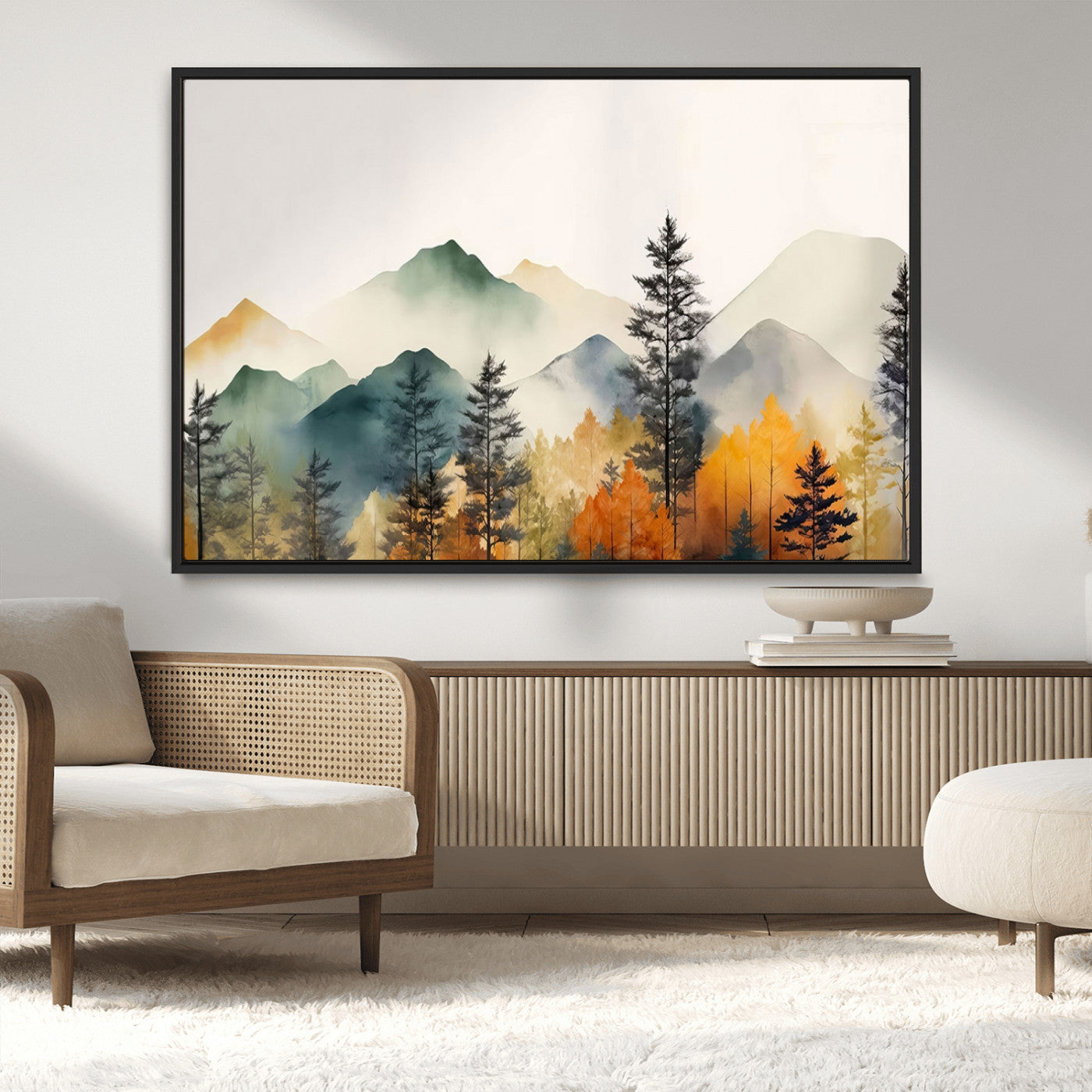 Abstract Watercolor Mountains and Trees Autumn Wall Art,