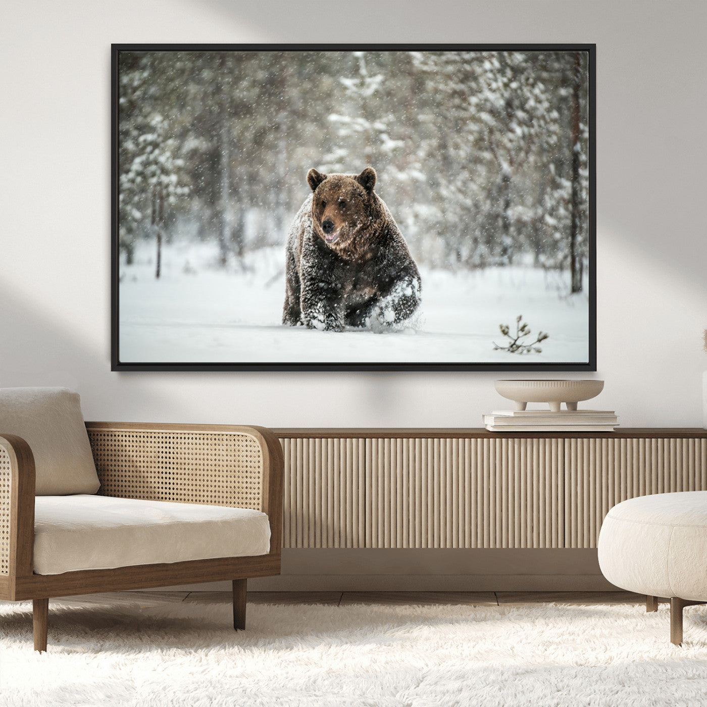 Grizzly Bear Wall Art – Framed Snowy Forest Canvas Artwork,