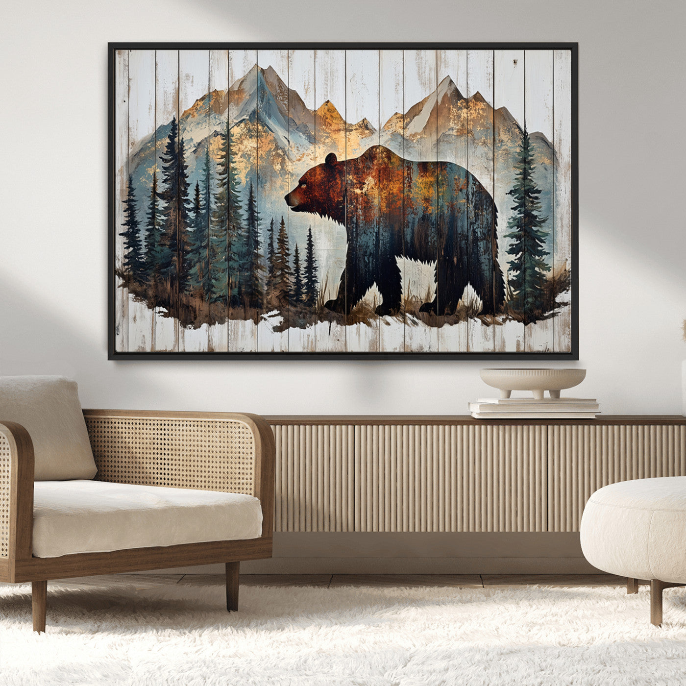 Rustic Grizzly 399 Bear and Mountain Wood Canvas Wall Art -